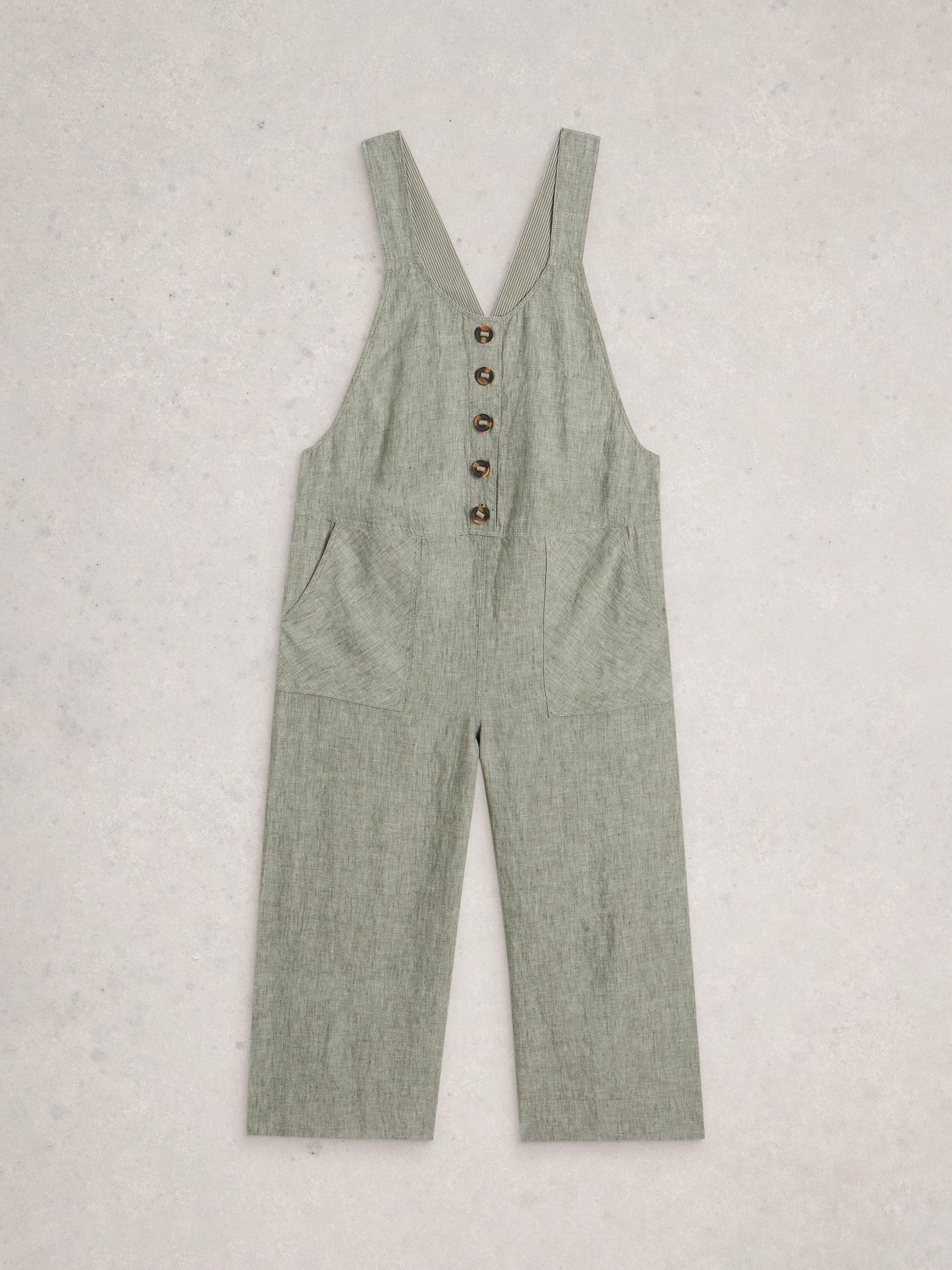 Product image 5 of 6, which shows White Stuff Viola Pure Linen Dungarees, Mid Green, 6S