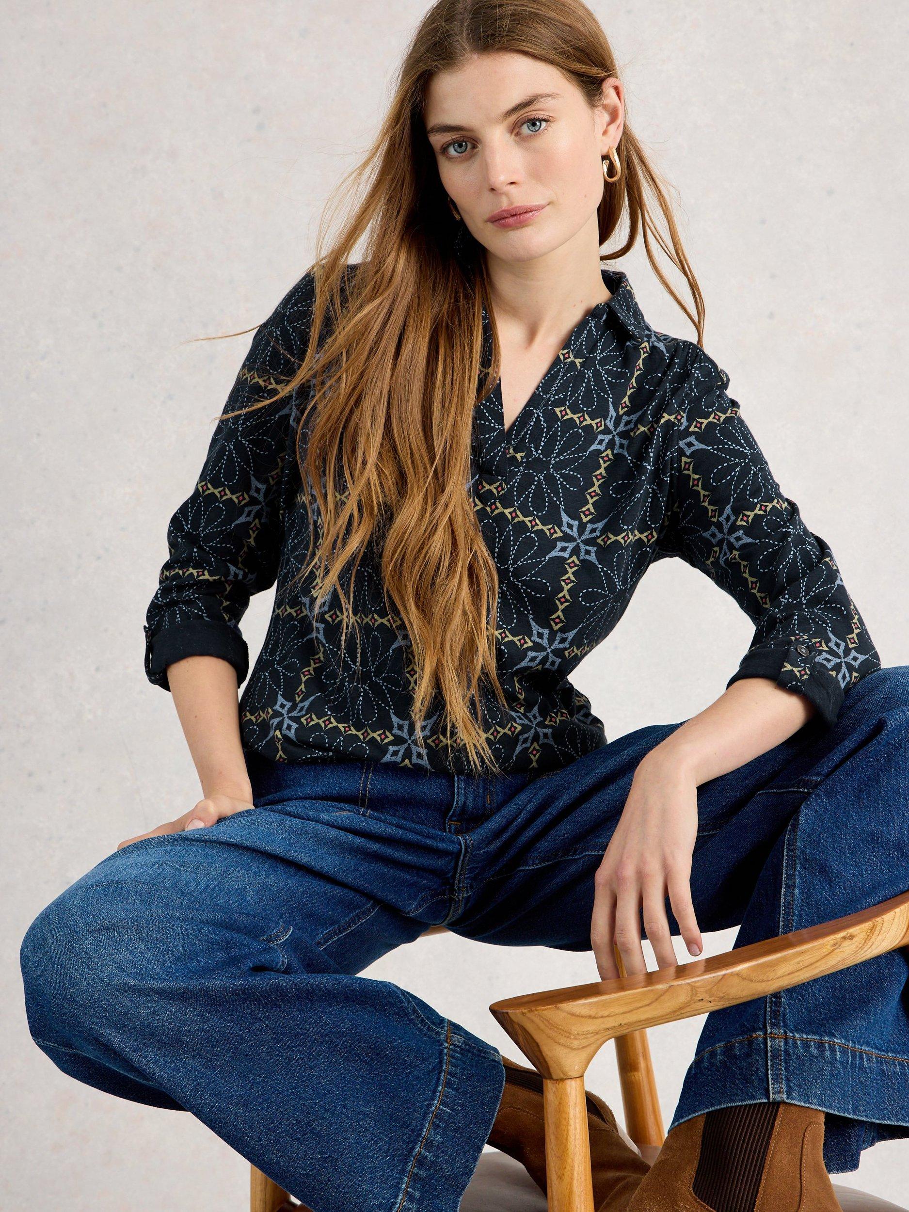 Product image 4 of 6, which shows White Stuff Allie Floral Jersey Shirt, Navy/Multi, 6