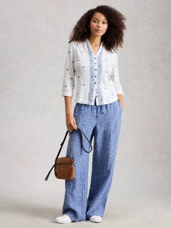 White Stuff Annie Cotton Blend Embroidered Geo Long Sleeve Top, White/Blue, White/Blue