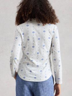 White Stuff Annie Cotton Blend Embroidered Geo Long Sleeve Top, White/Blue - view 2, White/Blue