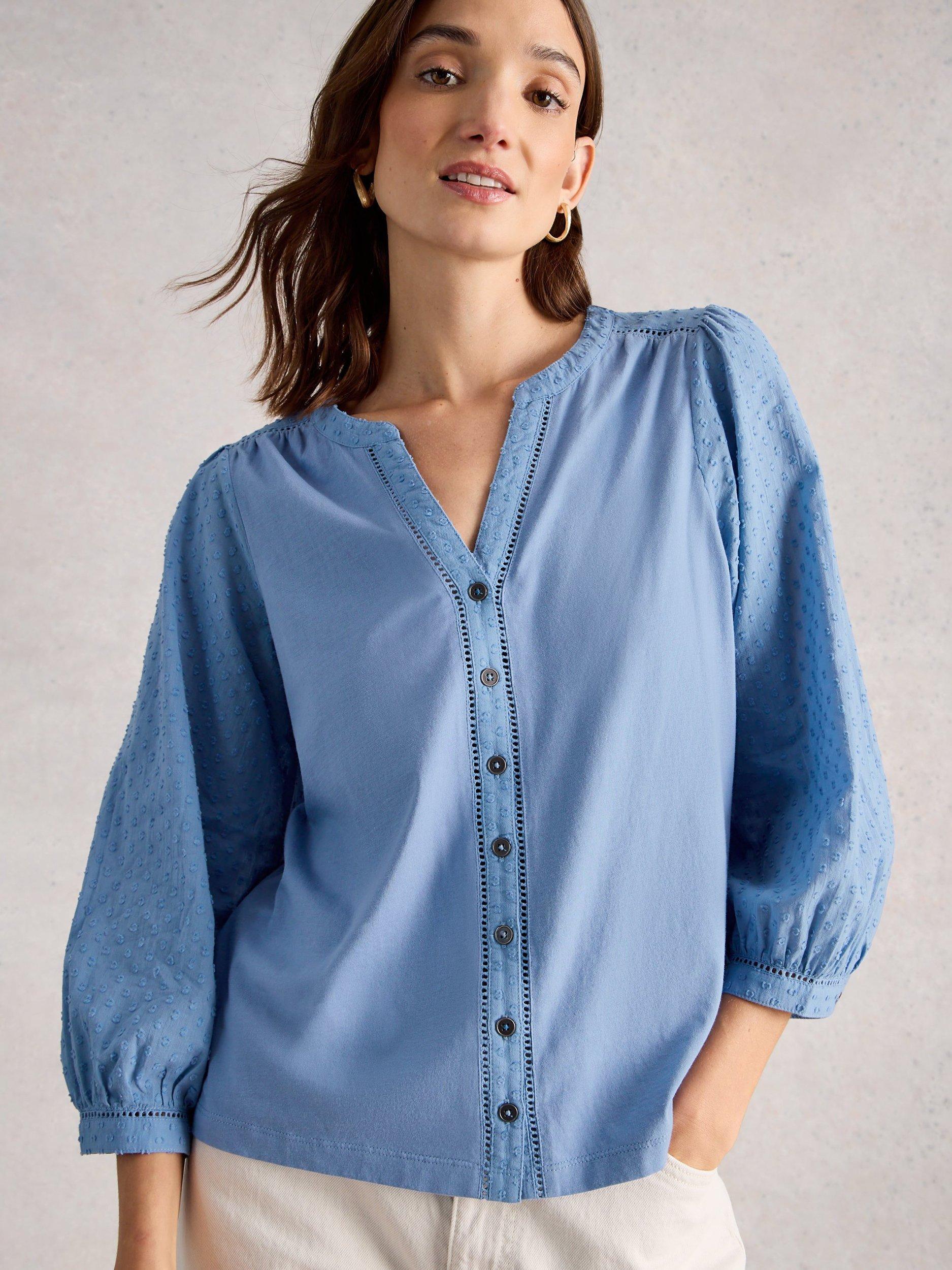 Product image 3 of 6, which shows White Stuff Daisy Textured Sleeve Shirt, Blue, 6