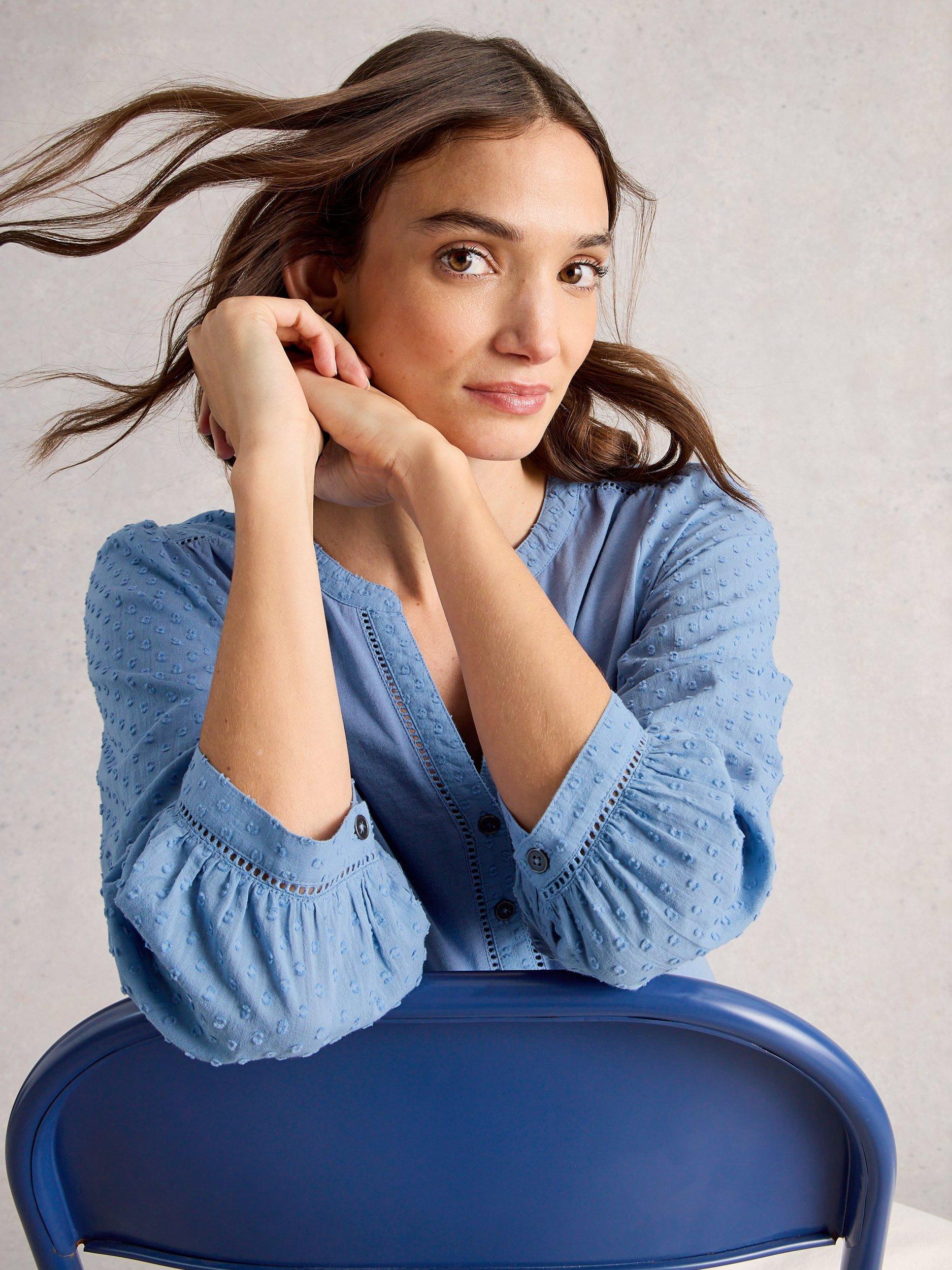 Product image 4 of 6, which shows White Stuff Daisy Textured Sleeve Shirt, Blue, 6