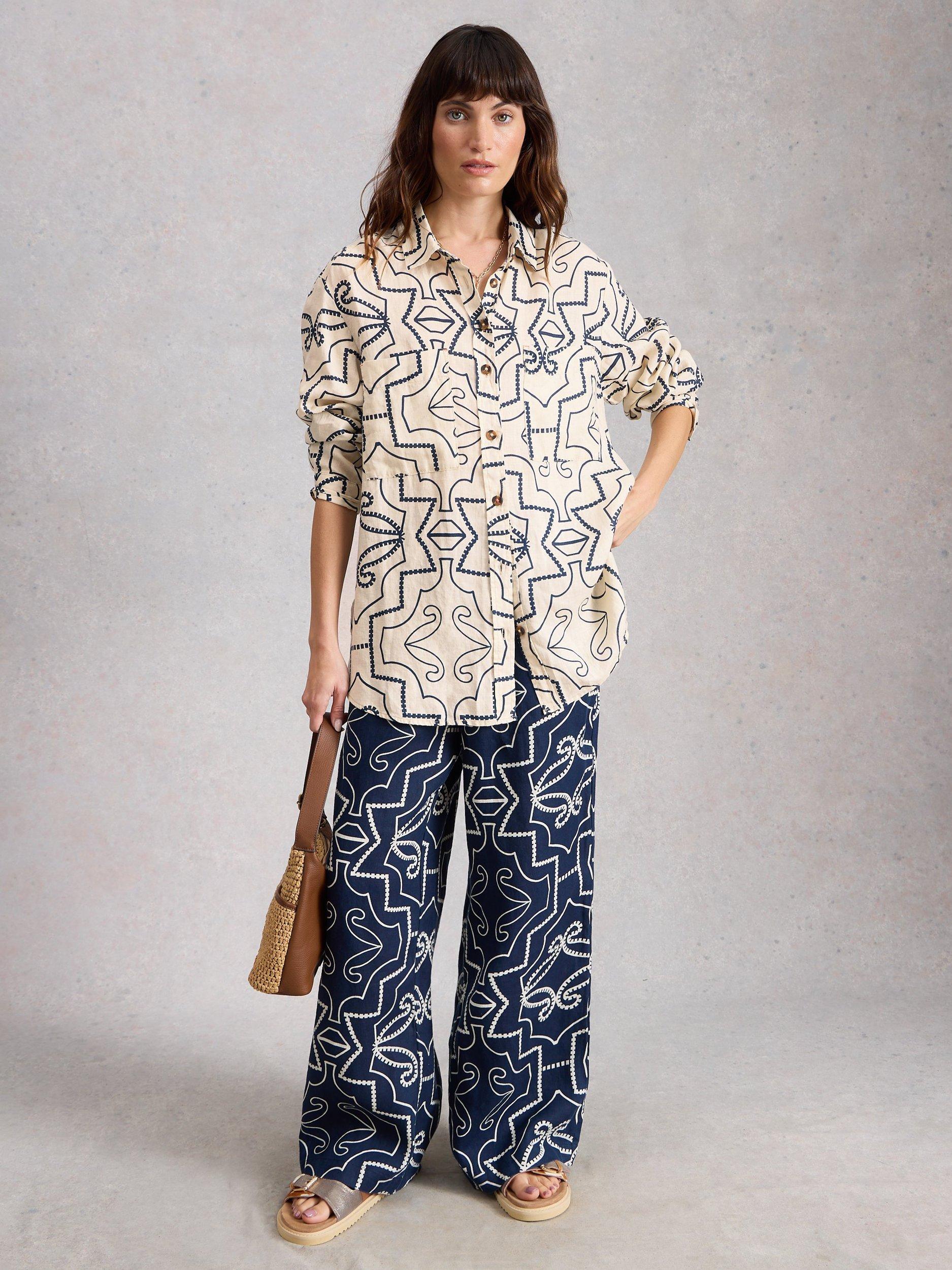 Product image 1 of 6, which shows White Stuff Lydia Geometric Pure Linen Shirt, Ivory/Multi, 6