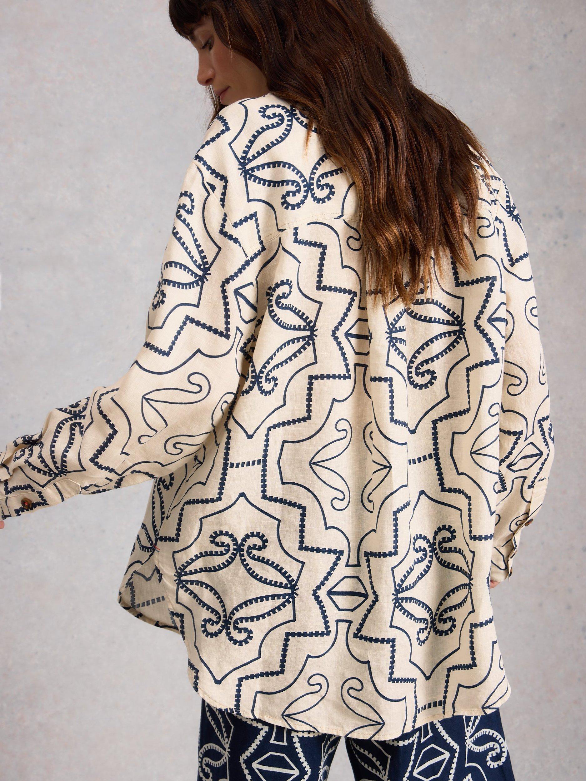 Product image 2 of 6, which shows White Stuff Lydia Geometric Pure Linen Shirt, Ivory/Multi, 6