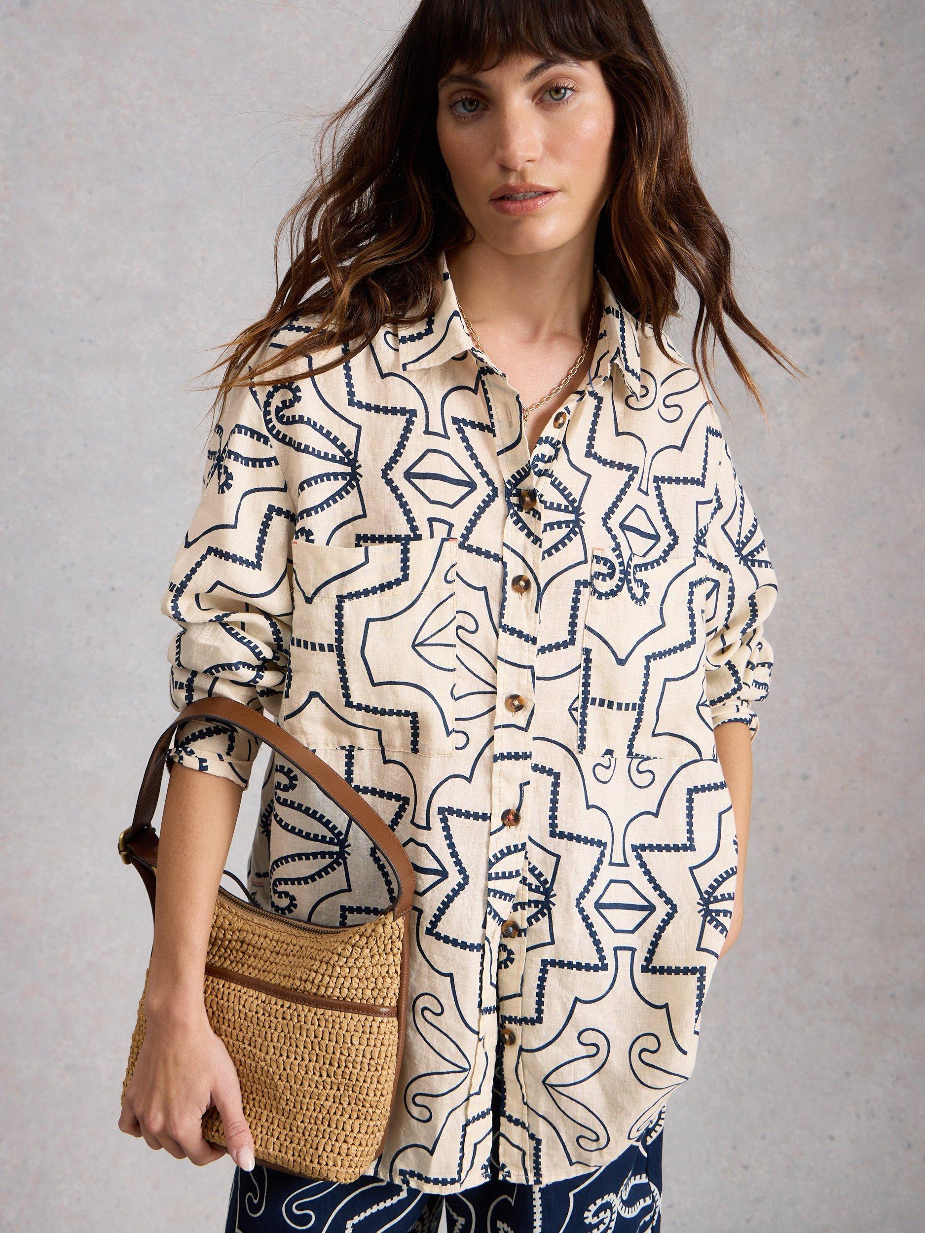 Product image 3 of 6, which shows White Stuff Lydia Geometric Pure Linen Shirt, Ivory/Multi, 6