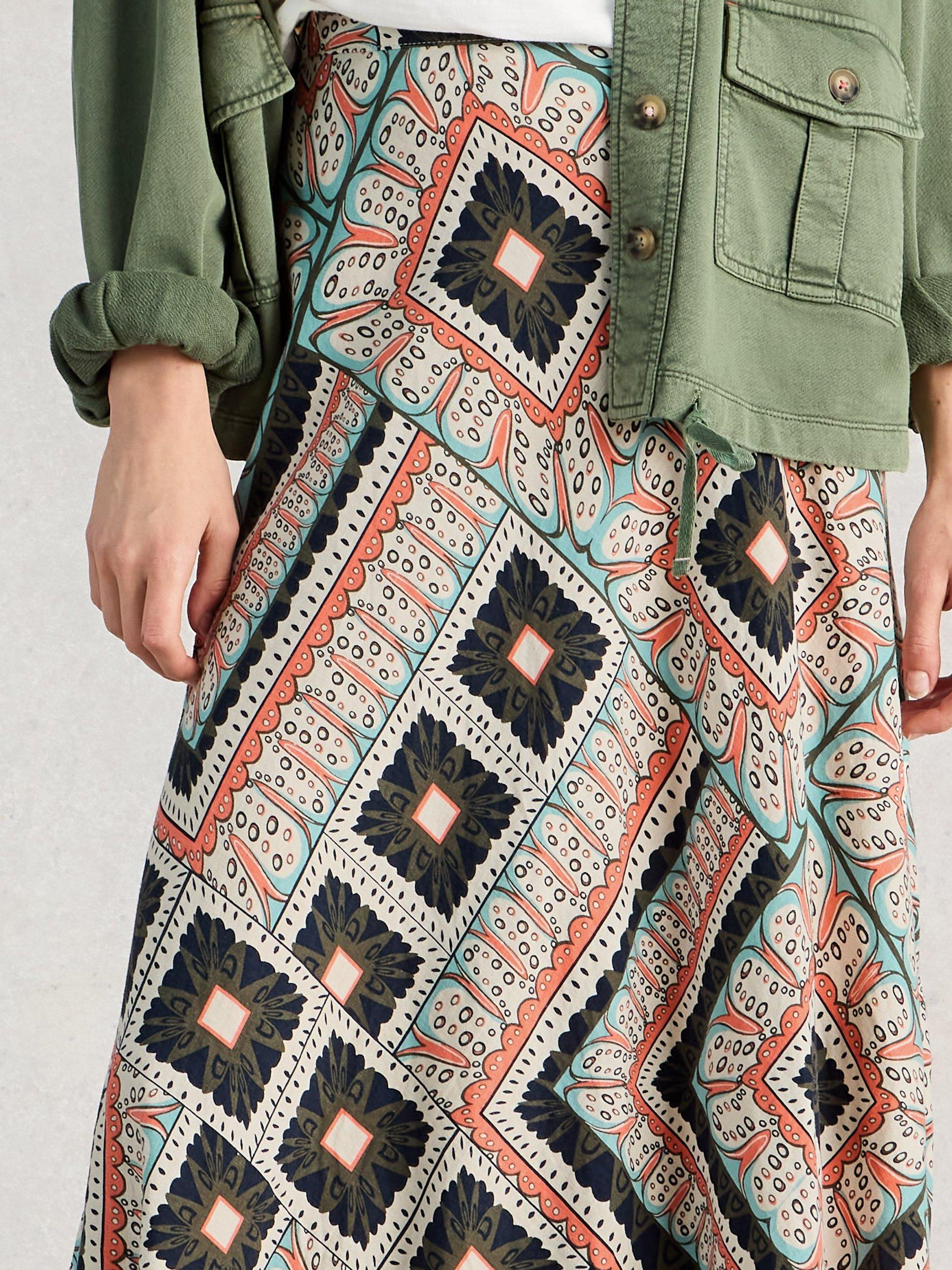 Product image 3 of 6, which shows White Stuff Hope Bias Cut Maxi Skirt containing LENZING™ ECOVERO™ Viscose, Orange/Multi, 6