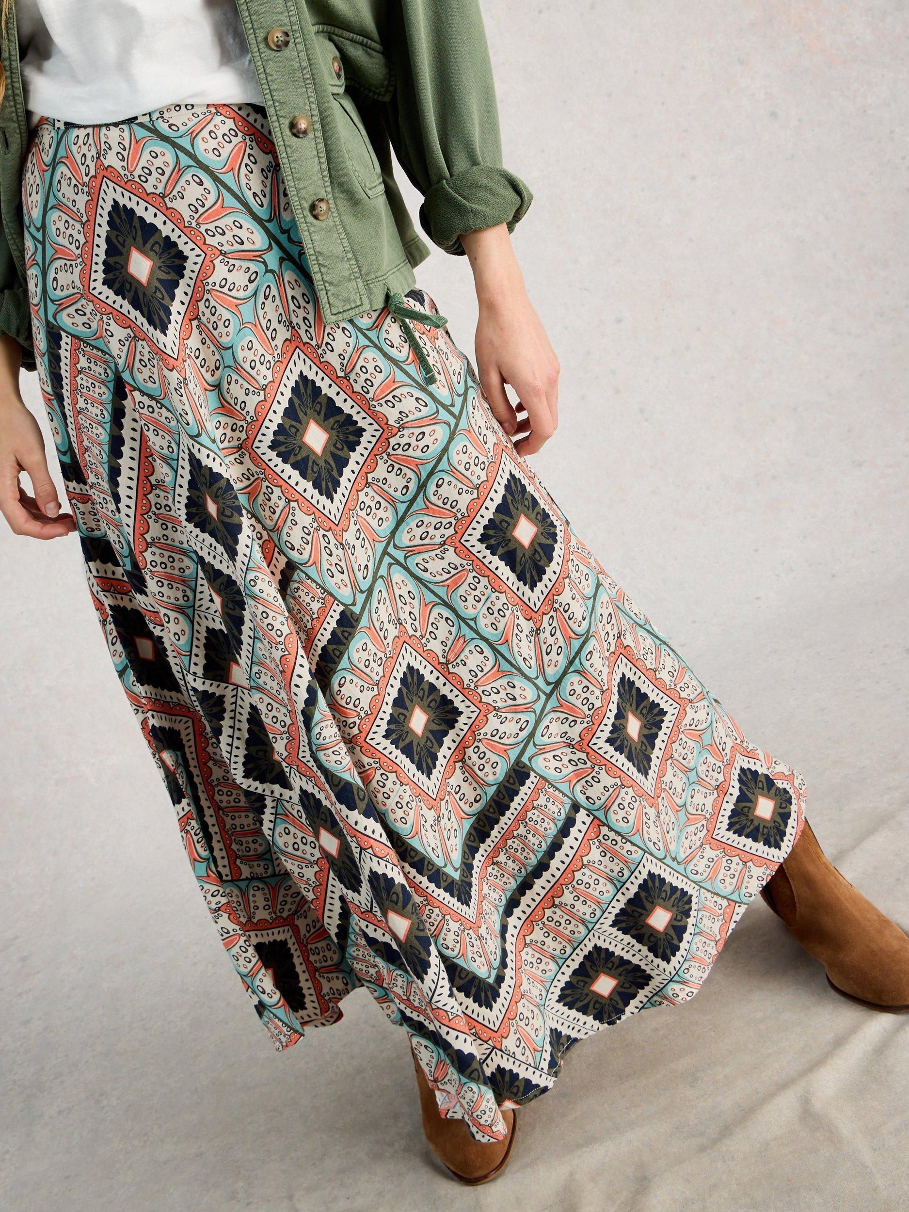 Product image 4 of 6, which shows White Stuff Hope Bias Cut Maxi Skirt containing LENZING™ ECOVERO™ Viscose, Orange/Multi, 6