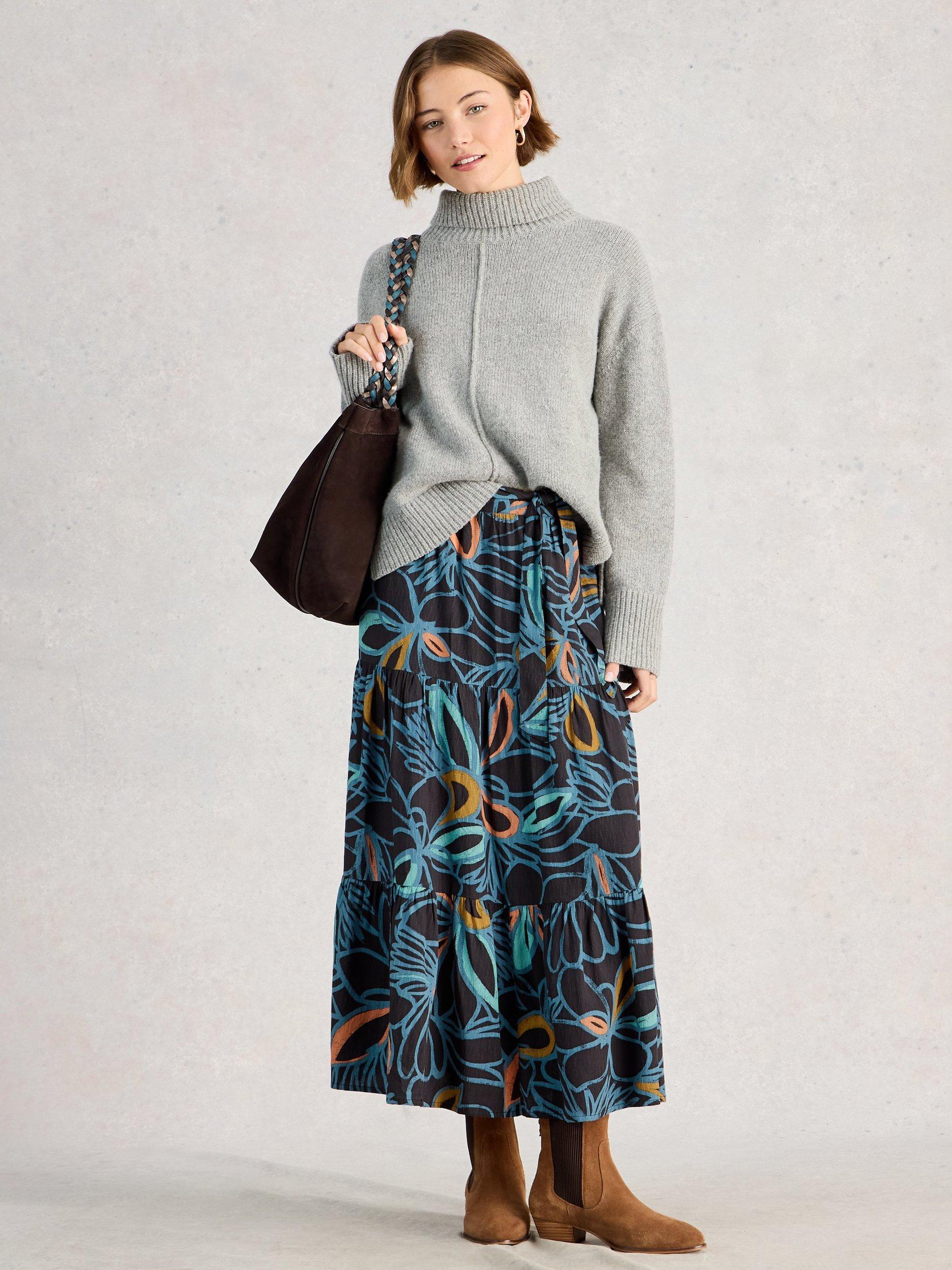 Product image 1 of 6, which shows White Stuff Lotus Abstract Skirt containing LENZING™ ECOVERO™ Viscose, Black/Multi, 6