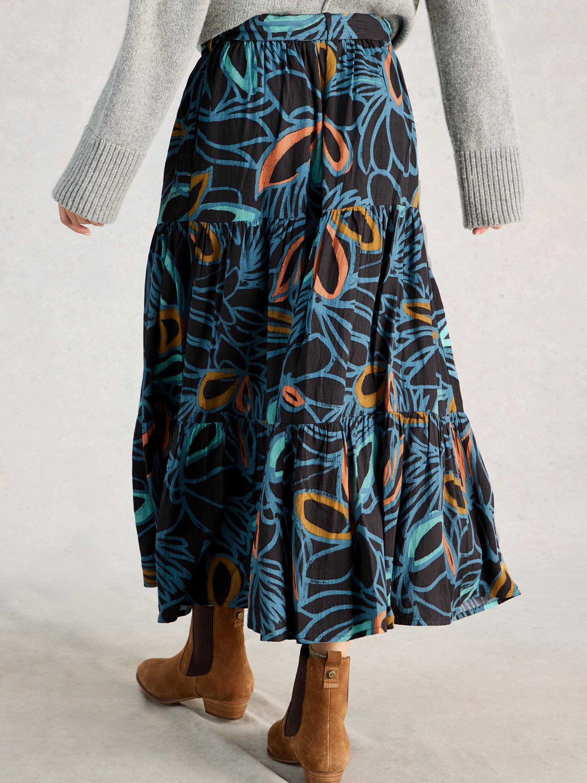Product image 2 of 6, which shows White Stuff Lotus Abstract Skirt containing LENZING™ ECOVERO™ Viscose, Black/Multi, 6