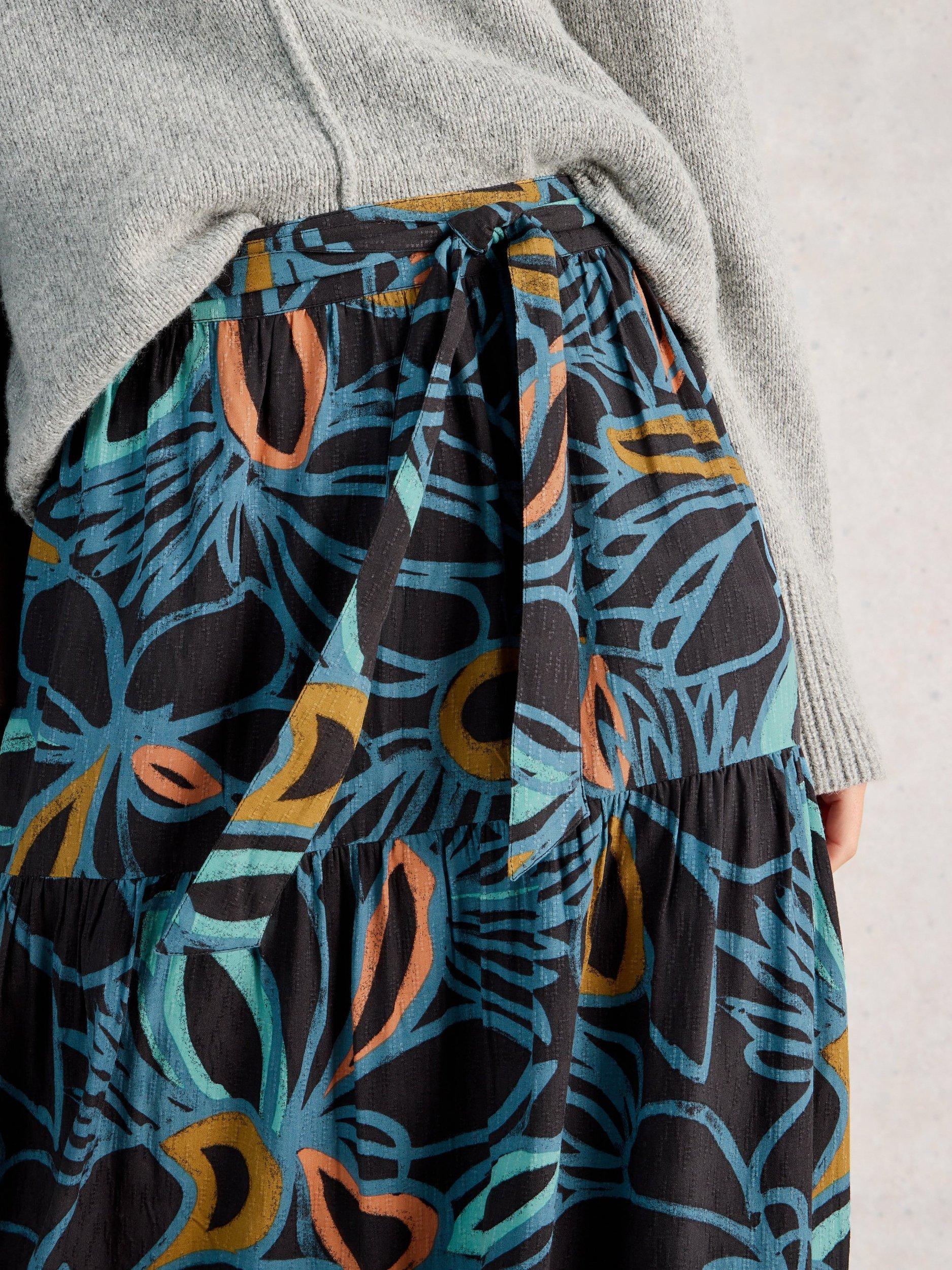 Product image 3 of 6, which shows White Stuff Lotus Abstract Skirt containing LENZING™ ECOVERO™ Viscose, Black/Multi, 6