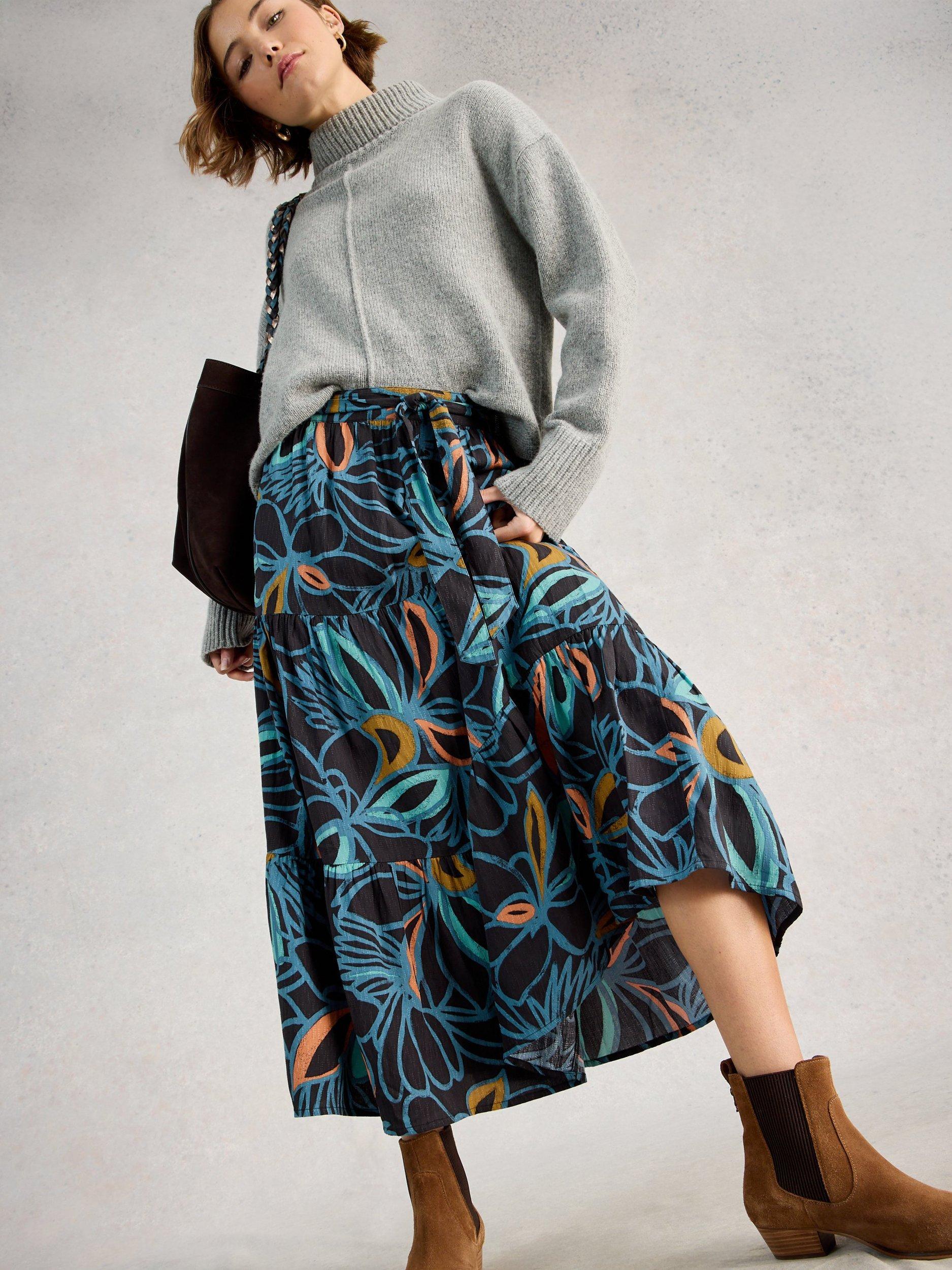 Product image 4 of 6, which shows White Stuff Lotus Abstract Skirt containing LENZING™ ECOVERO™ Viscose, Black/Multi, 6