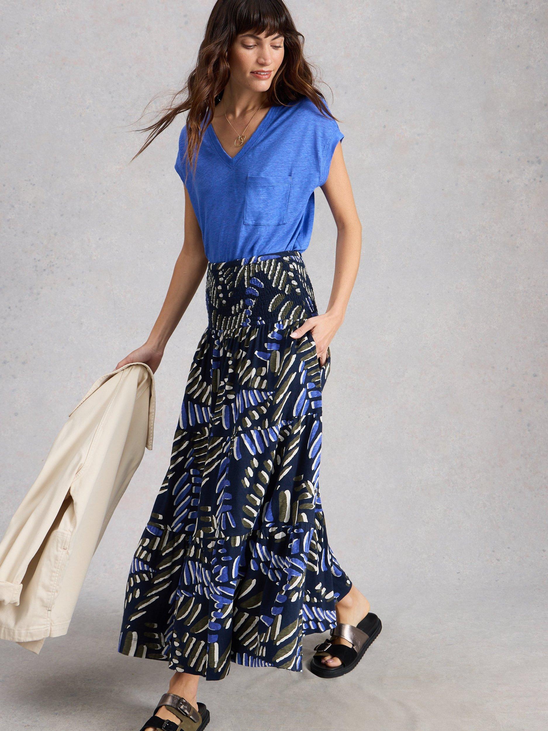 Product image 4 of 6, which shows White Stuff Marissa Leaves Maxi Skirt, Navy/Multi, 6