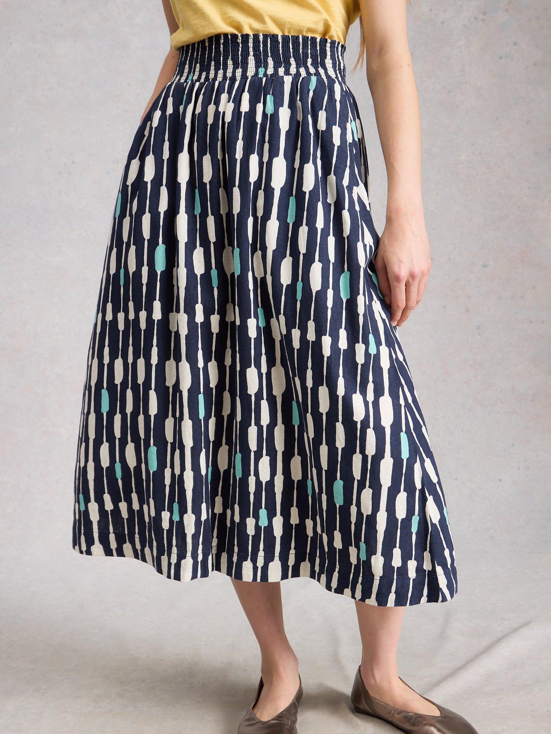 Product image 1 of 6, which shows White Stuff Shelly Linen Blend Midi Skirt, Blue/Multi, 6