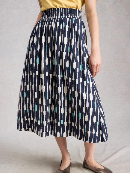 White Stuff Shelly Linen Blend Midi Skirt, Blue/Multi, Blue/Multi