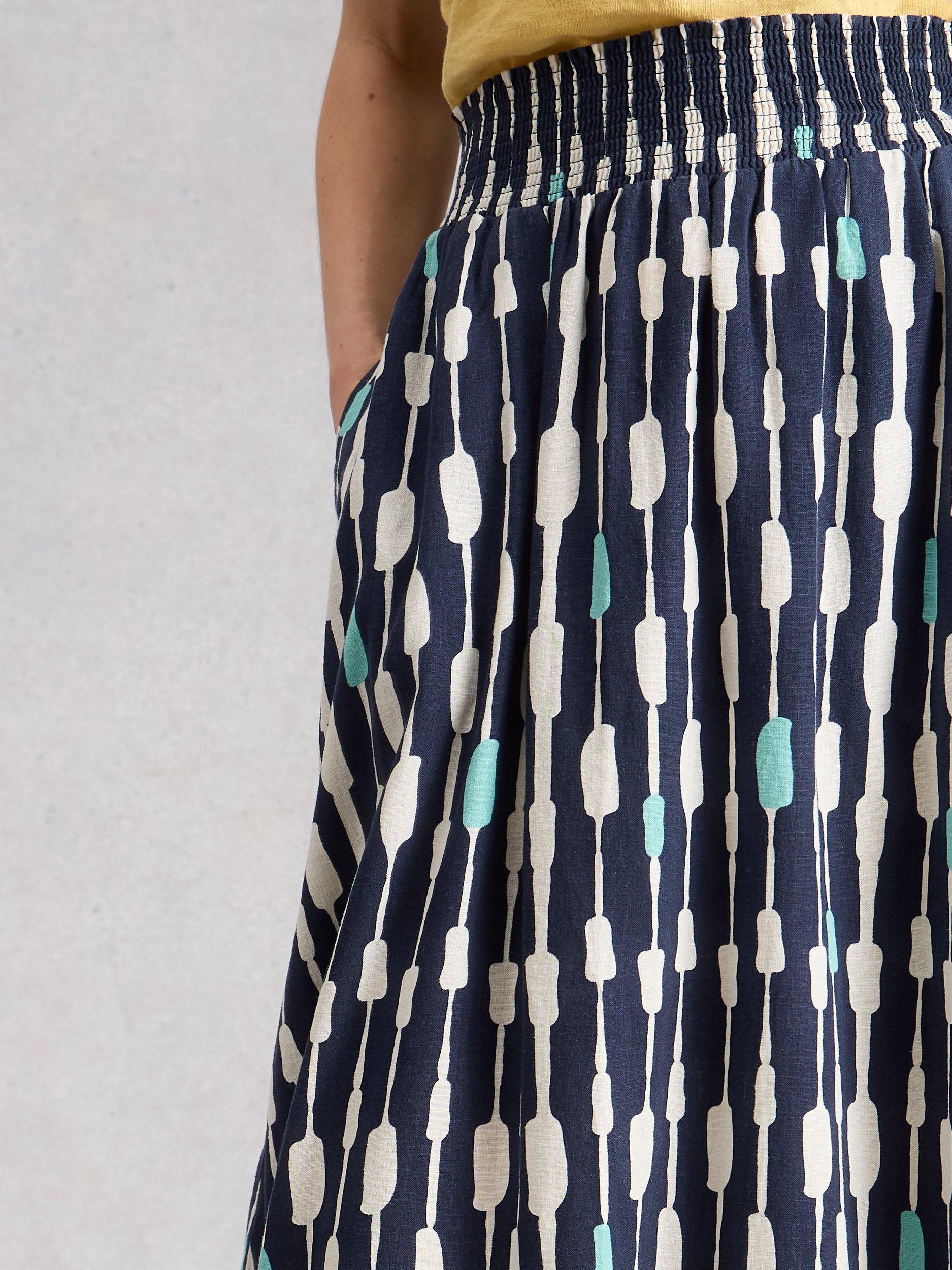 Product image 3 of 6, which shows White Stuff Shelly Linen Blend Midi Skirt, Blue/Multi, 6