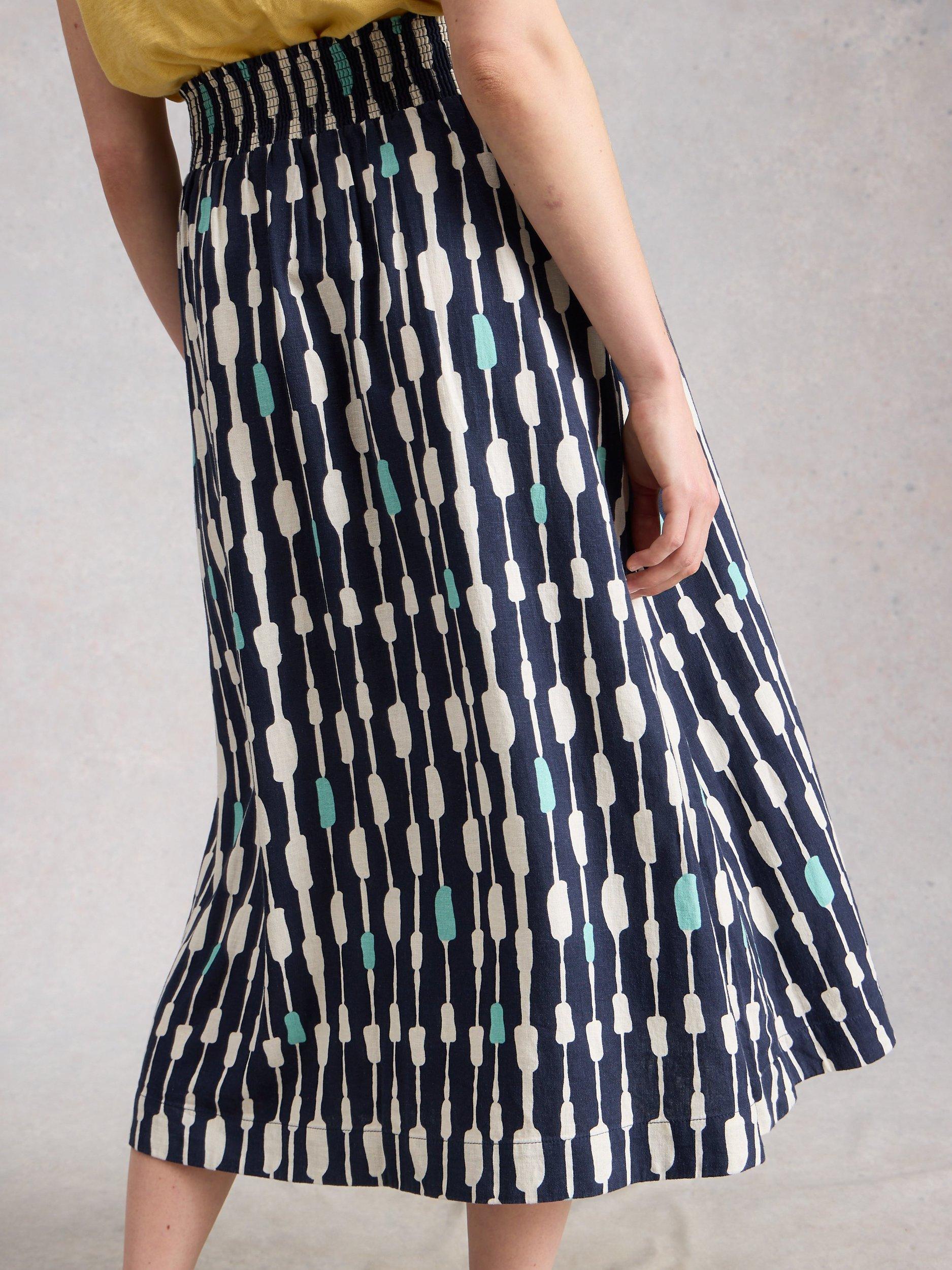 Product image 4 of 6, which shows White Stuff Shelly Linen Blend Midi Skirt, Blue/Multi, 6