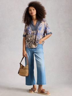White Stuff Ash Floral Linen Blend Top containing LENZING™ ECOVERO™ Viscose, Grey/Multi, Grey/Multi