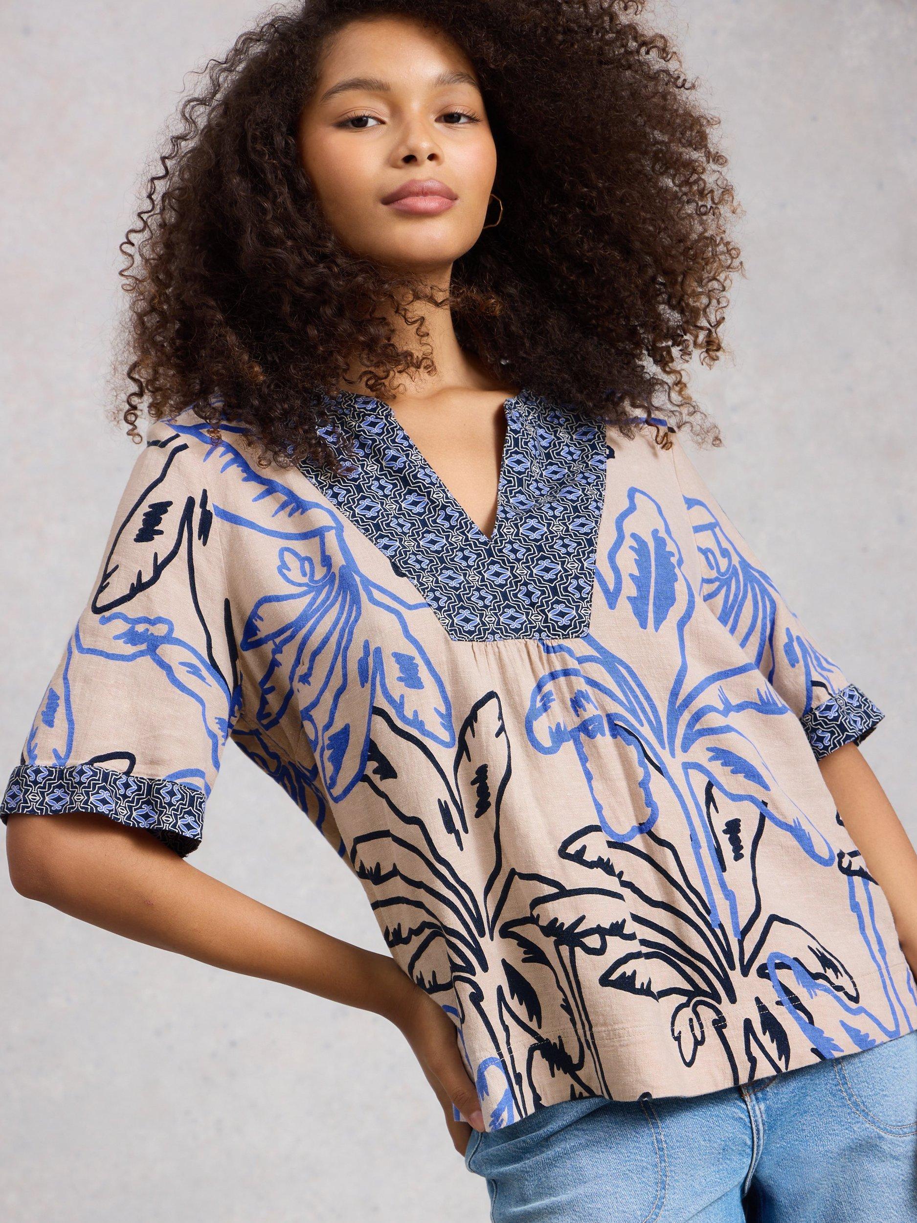 Product image 4 of 6, which shows White Stuff Ash Floral Linen Blend Top containing LENZING™ ECOVERO™ Viscose, Grey/Multi, 6