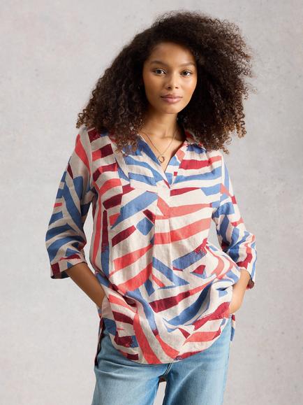 White Stuff Bianca Abstract Pure Linen Tunic Top, Ivory/Multi, Ivory/Multi