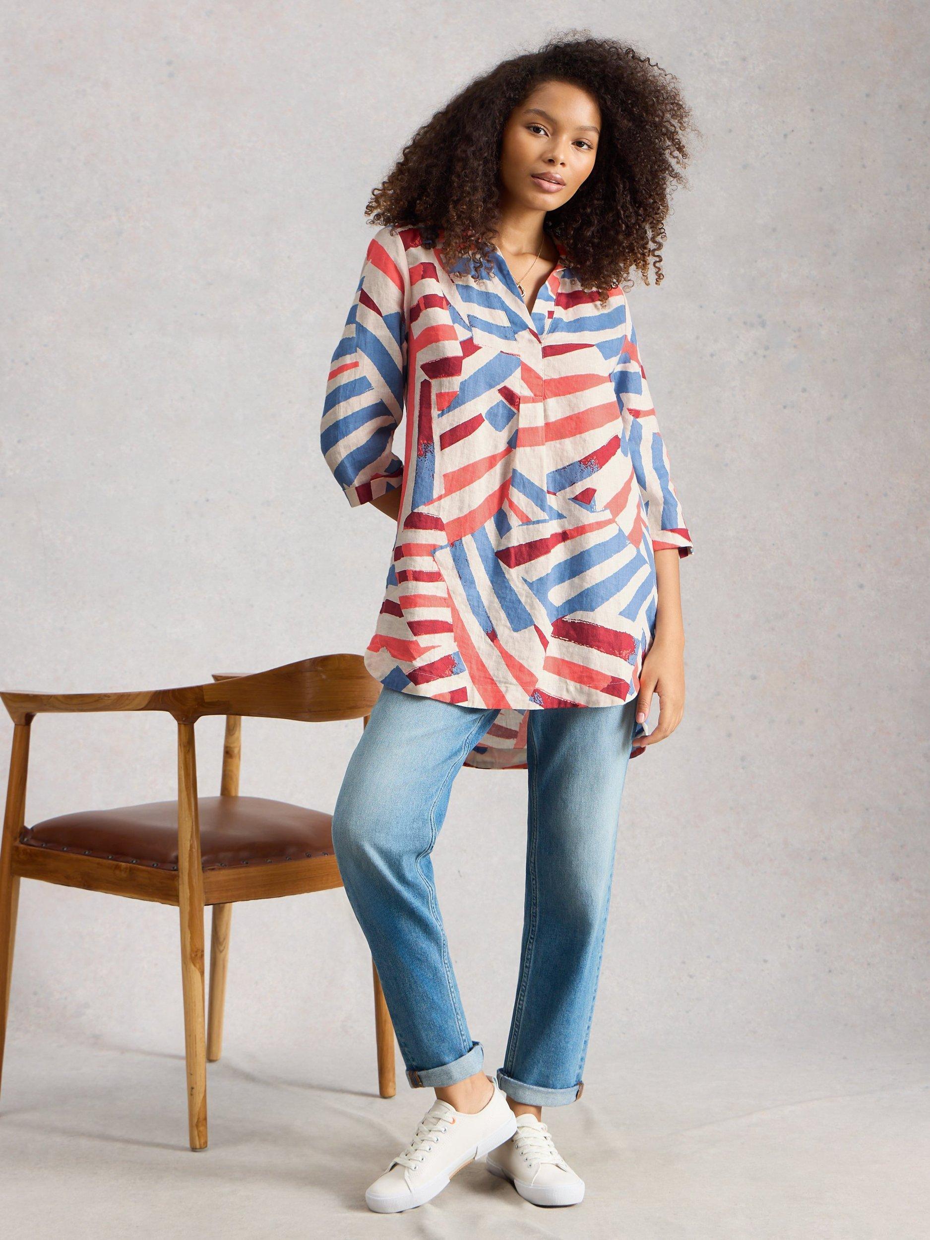 Product image 4 of 6, which shows White Stuff Bianca Abstract Pure Linen Tunic Top, Ivory/Multi, 6