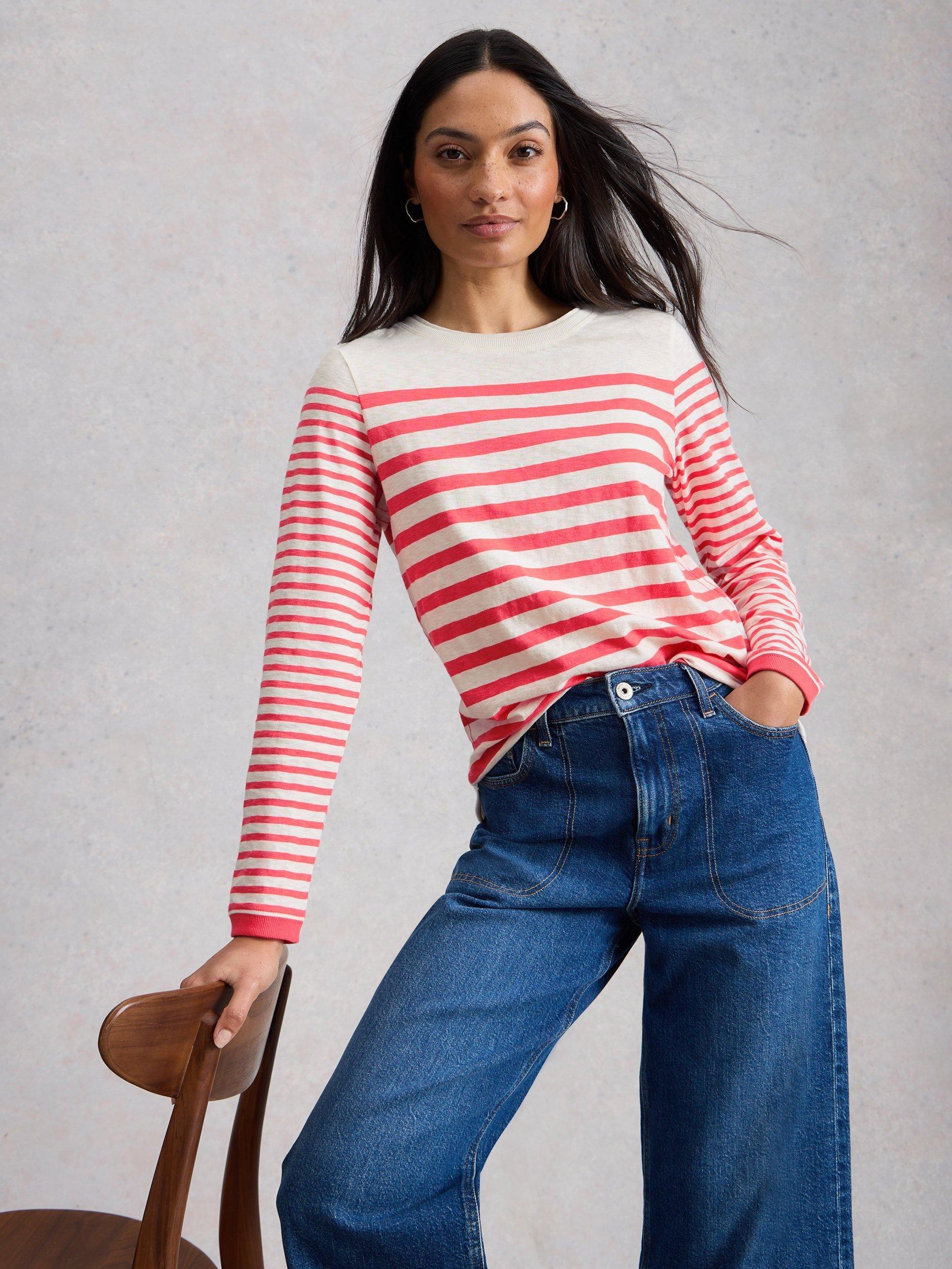 Product image 3 of 6, which shows White Stuff Clara Stripe Long Sleeve Top, White/Pink, 6
