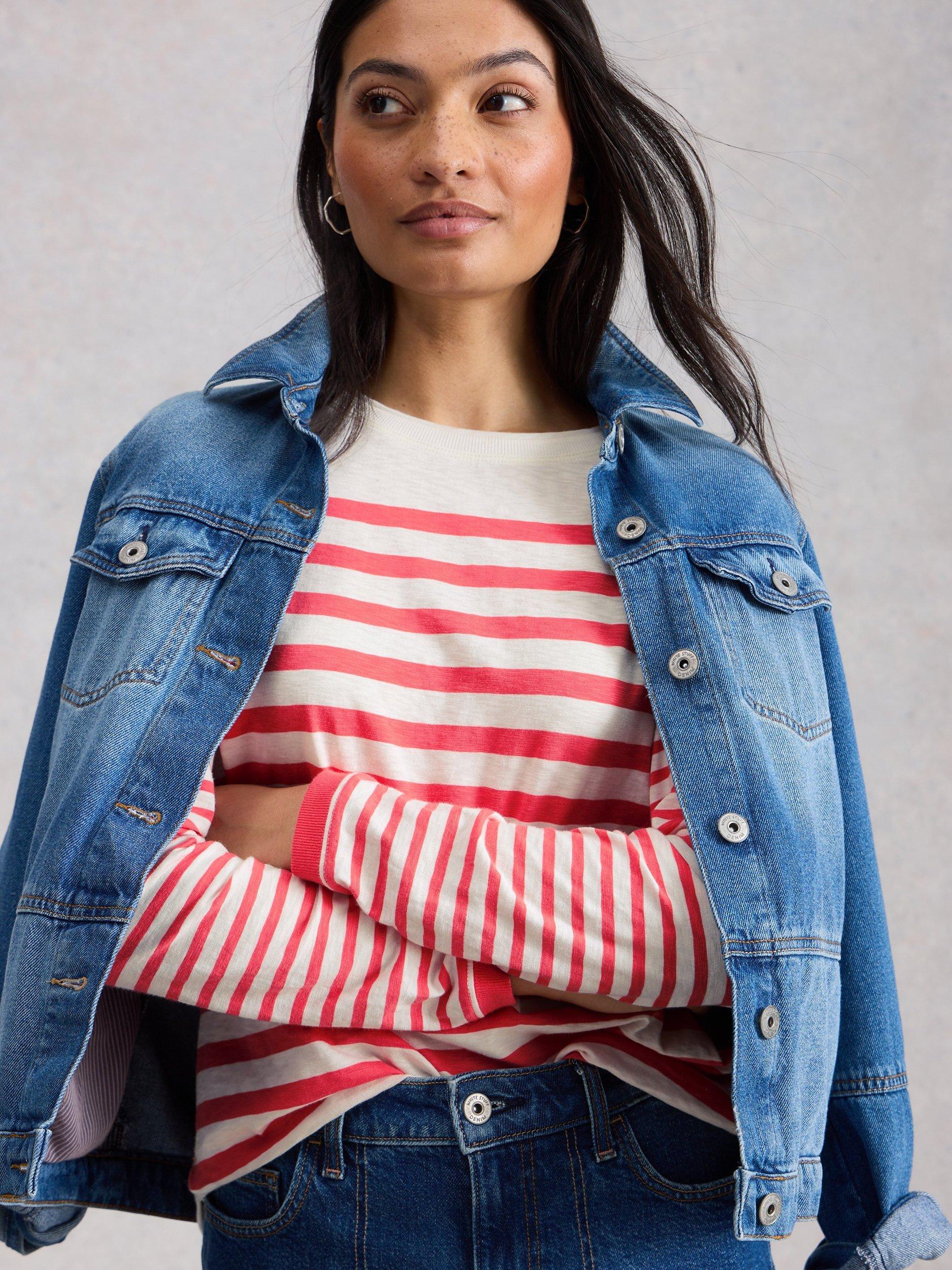 Product image 4 of 6, which shows White Stuff Clara Stripe Long Sleeve Top, White/Pink, 6