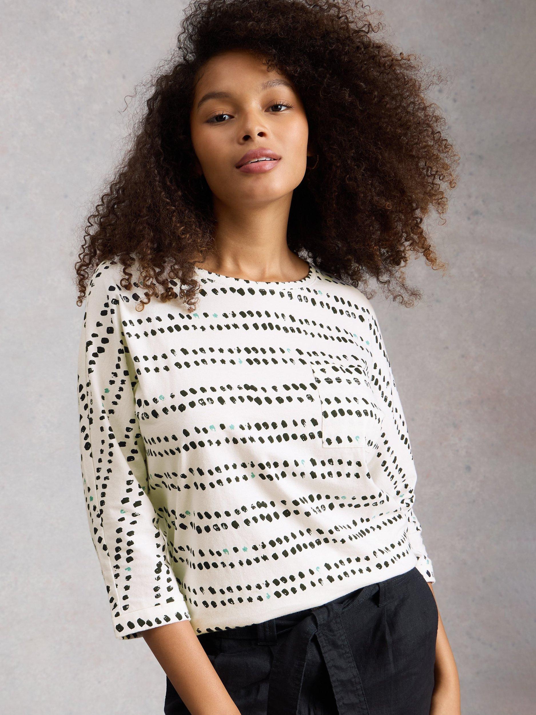 Product image 1 of 6, which shows White Stuff Demi Spot Stripe Jersey Top, Ivory/Black, 6
