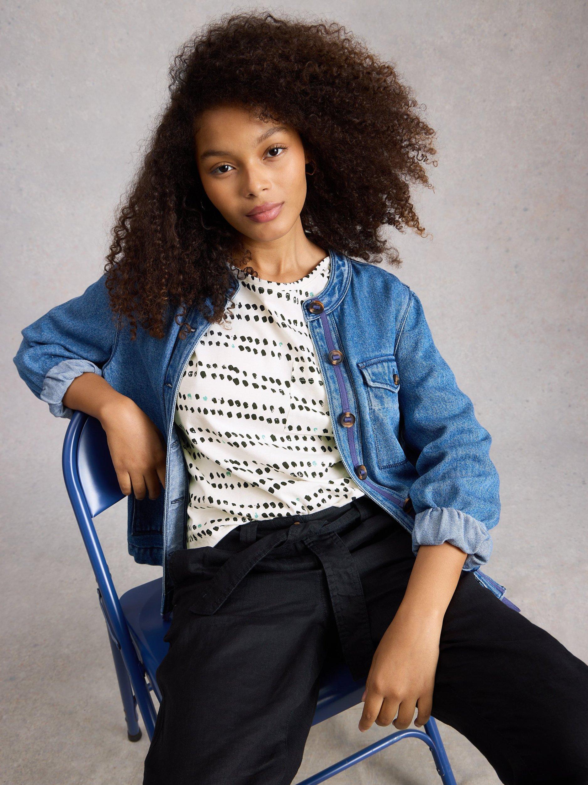 Product image 4 of 6, which shows White Stuff Demi Spot Stripe Jersey Top, Ivory/Black, 6