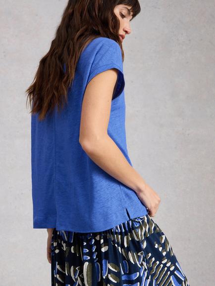 White Stuff Iris V-Neck Pure Linen T-Shirt - view 2, Light Blue