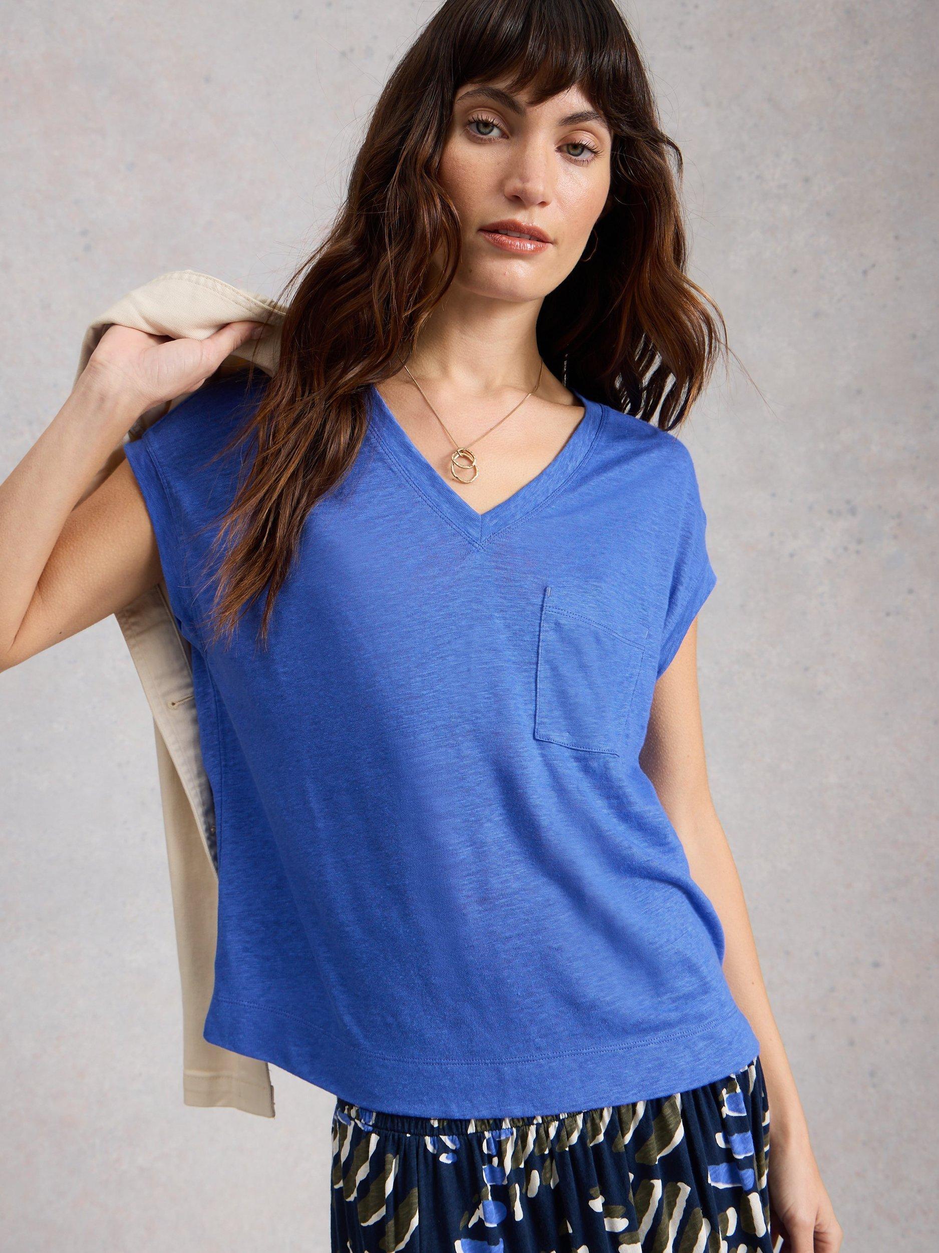 Product image 3 of 6, which shows White Stuff Iris V-Neck Pure Linen T-Shirt, Light Blue, 6