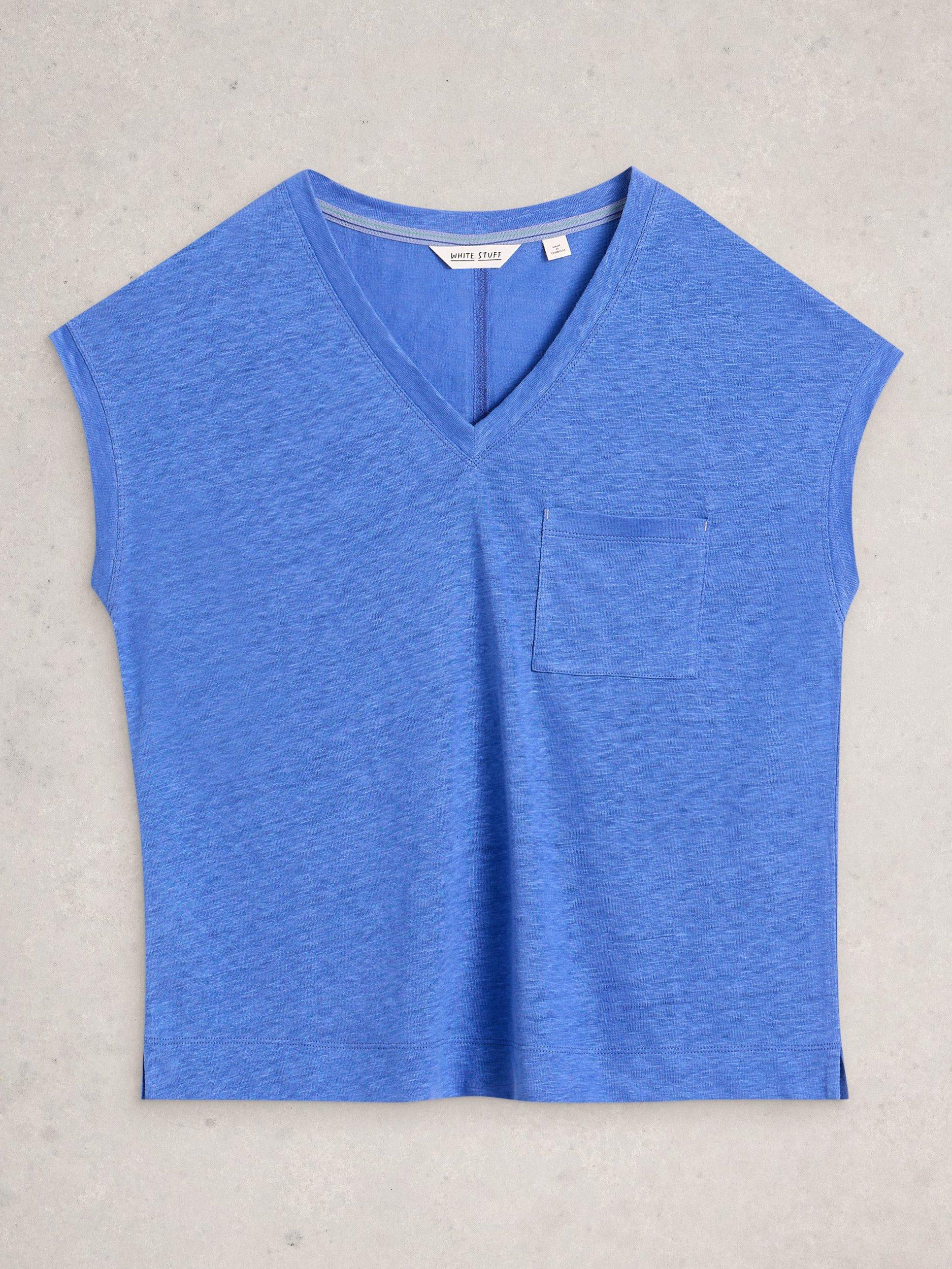 Product image 5 of 6, which shows White Stuff Iris V-Neck Pure Linen T-Shirt, Light Blue, 6