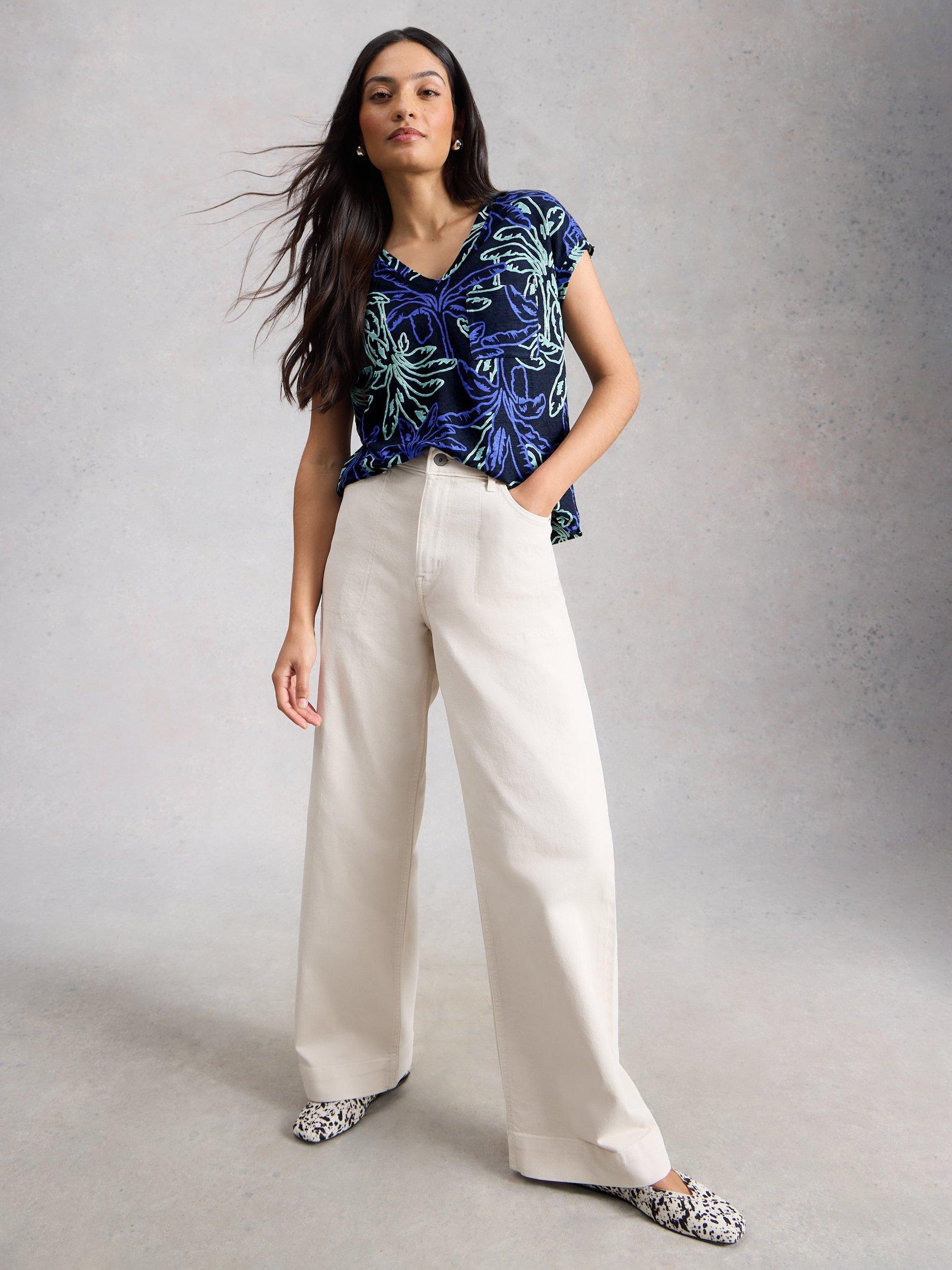 Product image 1 of 6, which shows White Stuff Iris V-Neck Pure Linen T-Shirt, Navy/Multi, 6