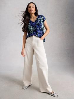 White Stuff Iris V-Neck Pure Linen T-Shirt, Navy/Multi, Navy/Multi