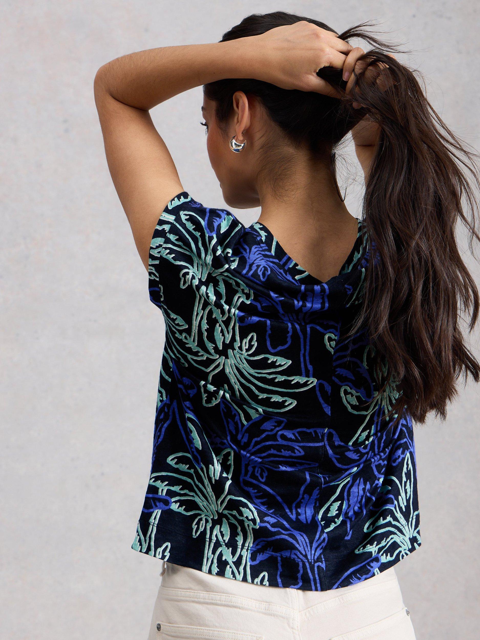 Product image 2 of 6, which shows White Stuff Iris V-Neck Pure Linen T-Shirt, Navy/Multi, 6