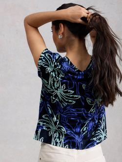 White Stuff Iris V-Neck Pure Linen T-Shirt, Navy/Multi - view 2, Navy/Multi