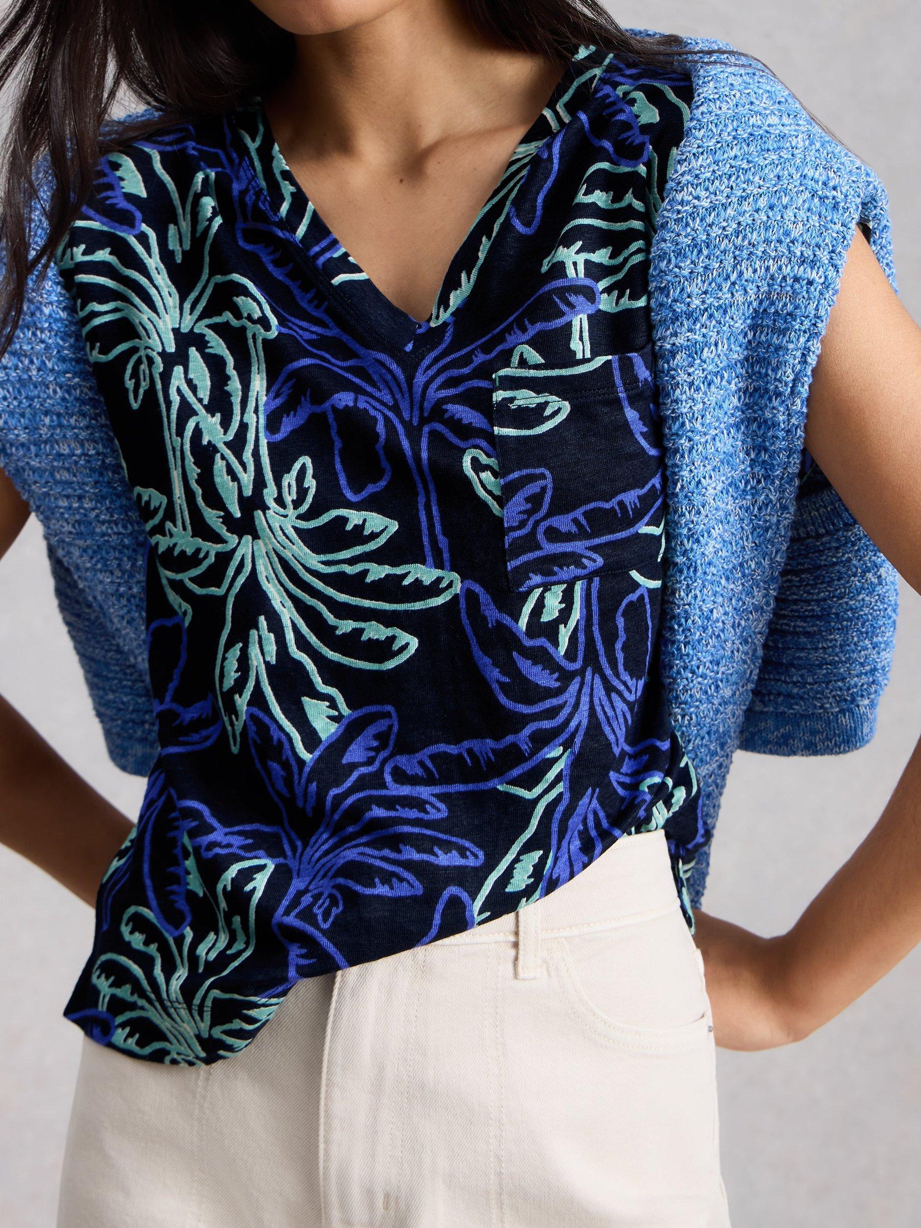 Product image 3 of 6, which shows White Stuff Iris V-Neck Pure Linen T-Shirt, Navy/Multi, 6