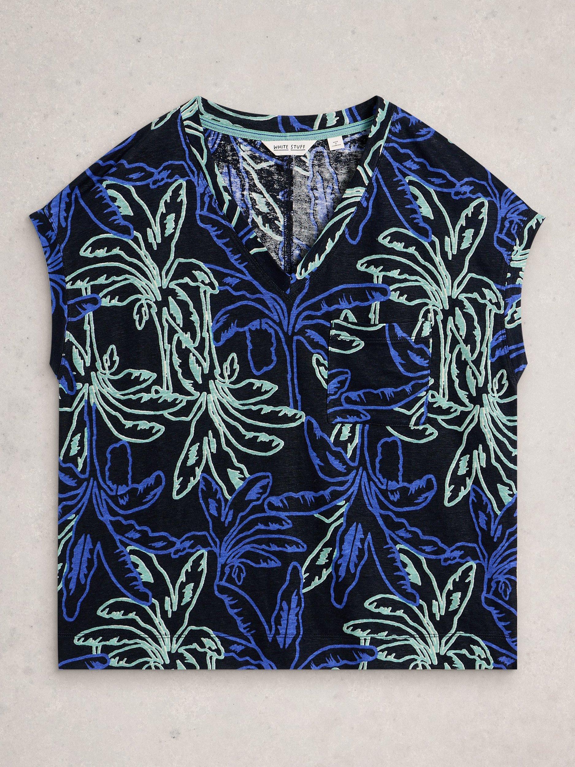 Product image 5 of 6, which shows White Stuff Iris V-Neck Pure Linen T-Shirt, Navy/Multi, 6