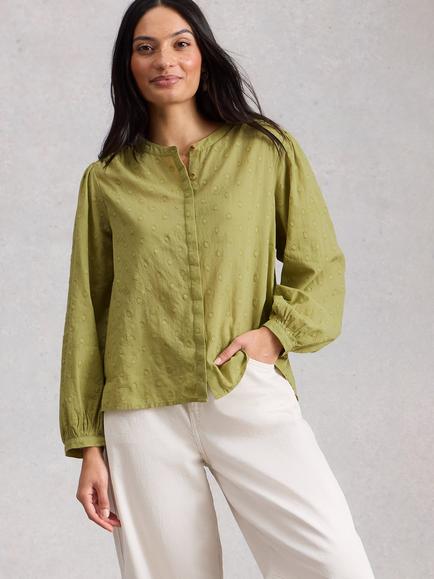 White Stuff Lana Gathered Long Sleeve Top, Mid Green, Mid Green