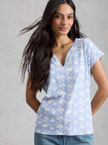 White Stuff Nelly Notch Neck Floral T-Shirt, Blue/Multi, Blue/Multi
