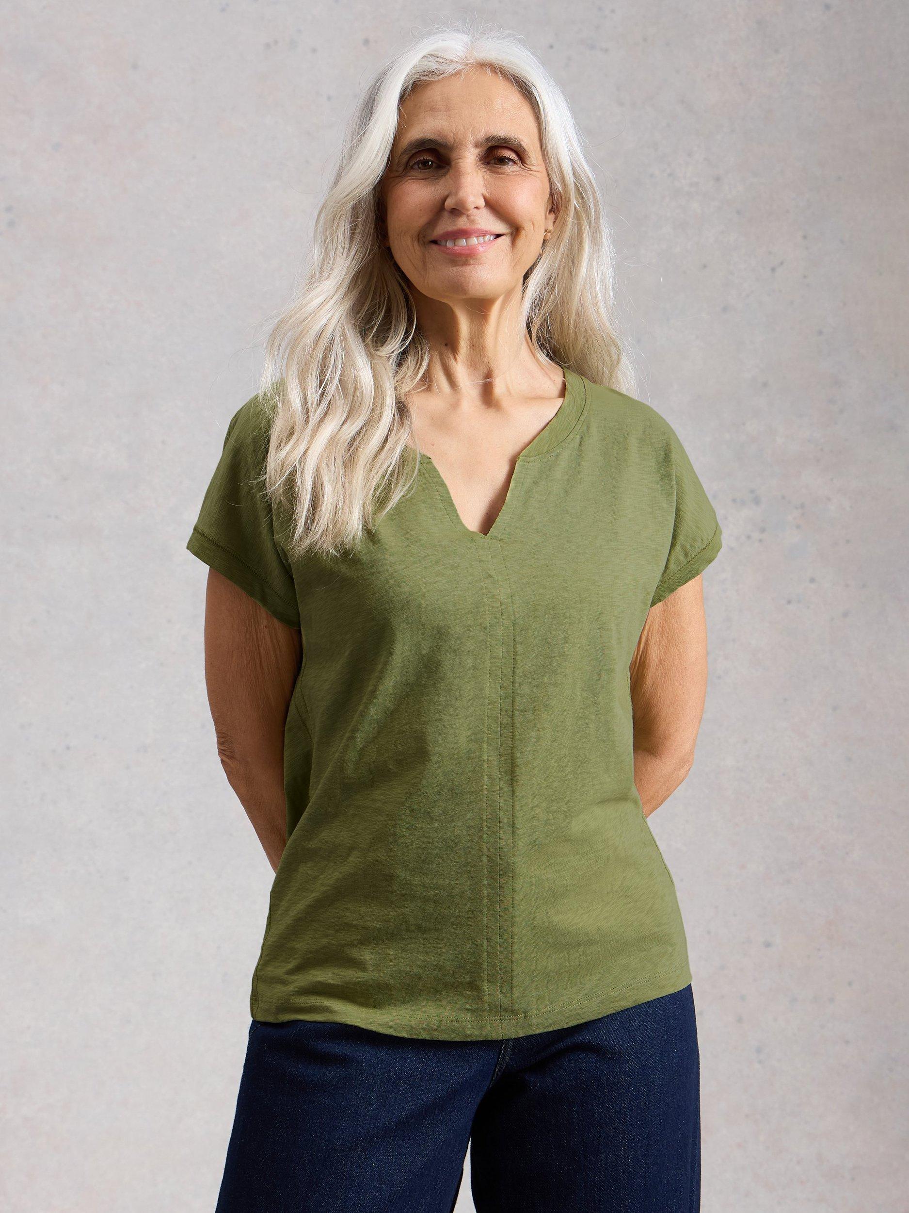 Product image 1 of 6, which shows White Stuff Nelly Notch Neck T-Shirt, Green, 6
