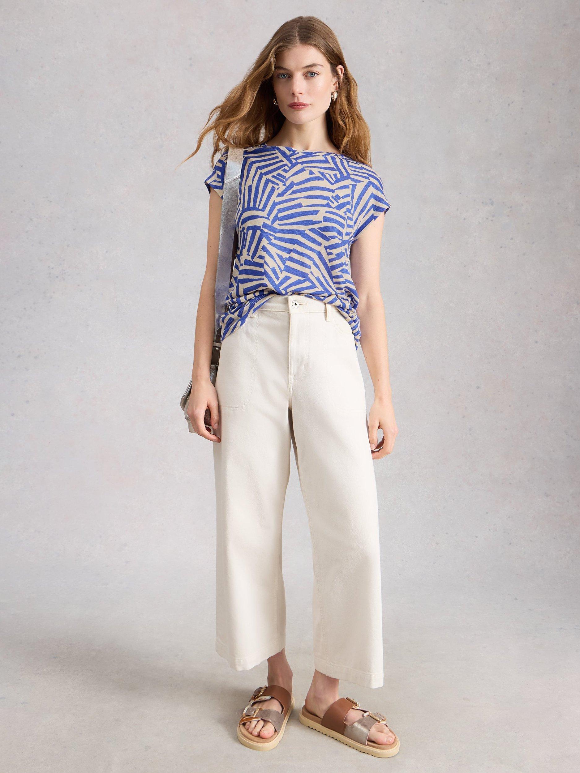 Product image 1 of 6, which shows White Stuff Rowan Abstract Pure Linen T-Shirt, Blue/Multi, 6