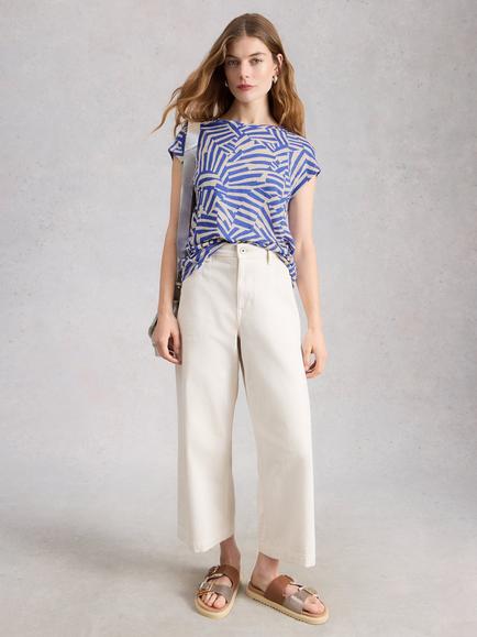 White Stuff Rowan Abstract Pure Linen T-Shirt, Blue/Multi, Blue/Multi