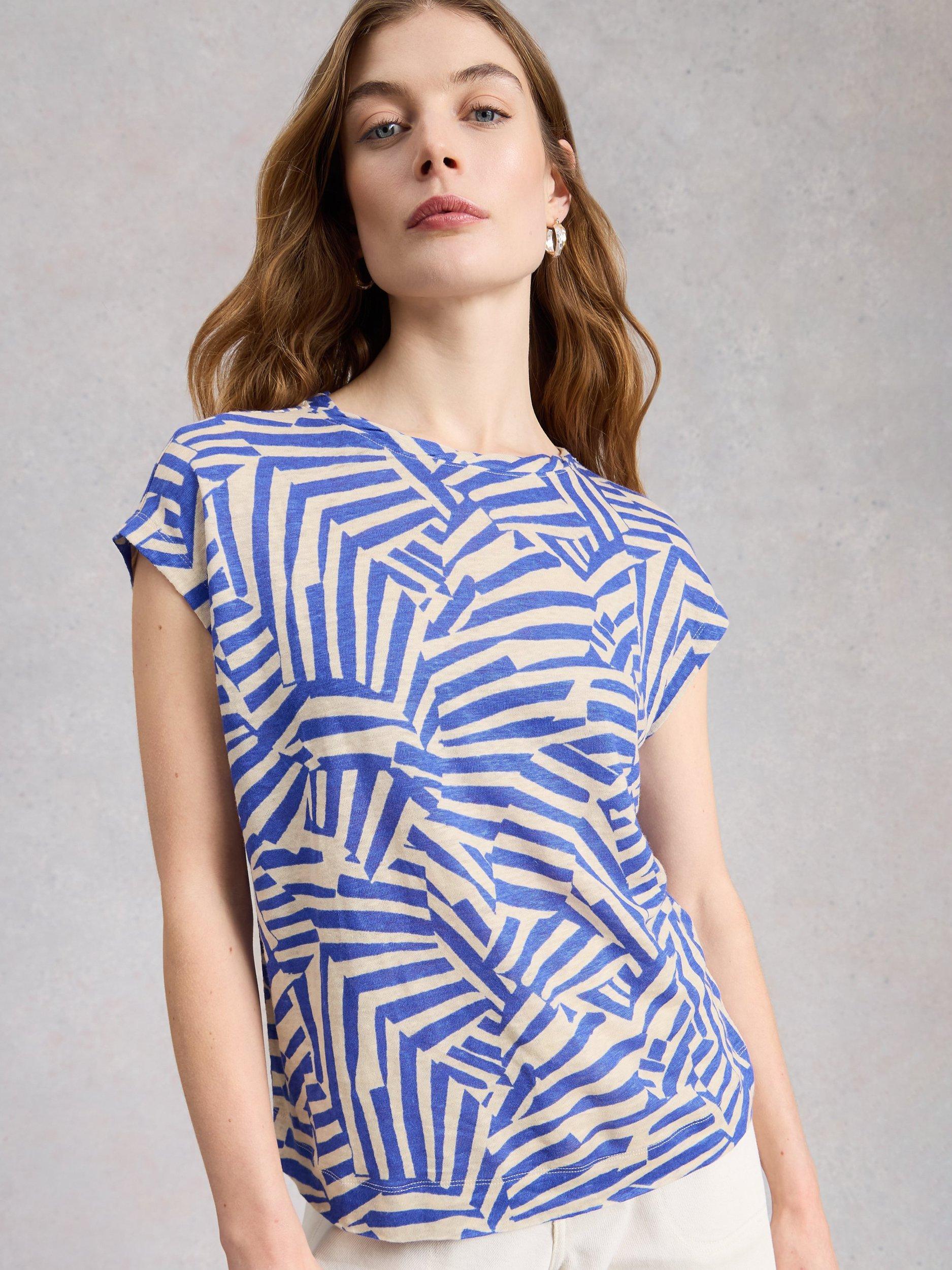 Product image 3 of 6, which shows White Stuff Rowan Abstract Pure Linen T-Shirt, Blue/Multi, 6