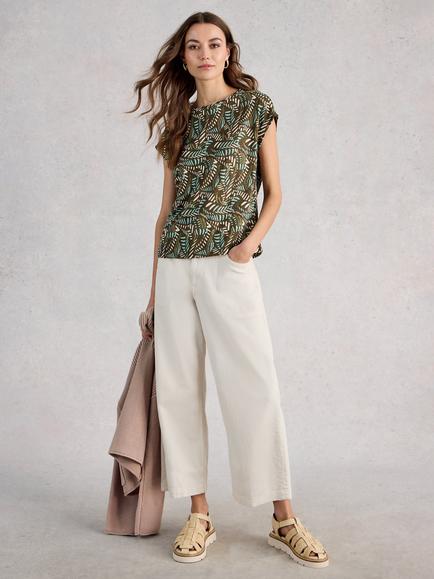 White Stuff Rowan Leaves Pure Linen T-Shirt, Green/Multi, Green/Multi