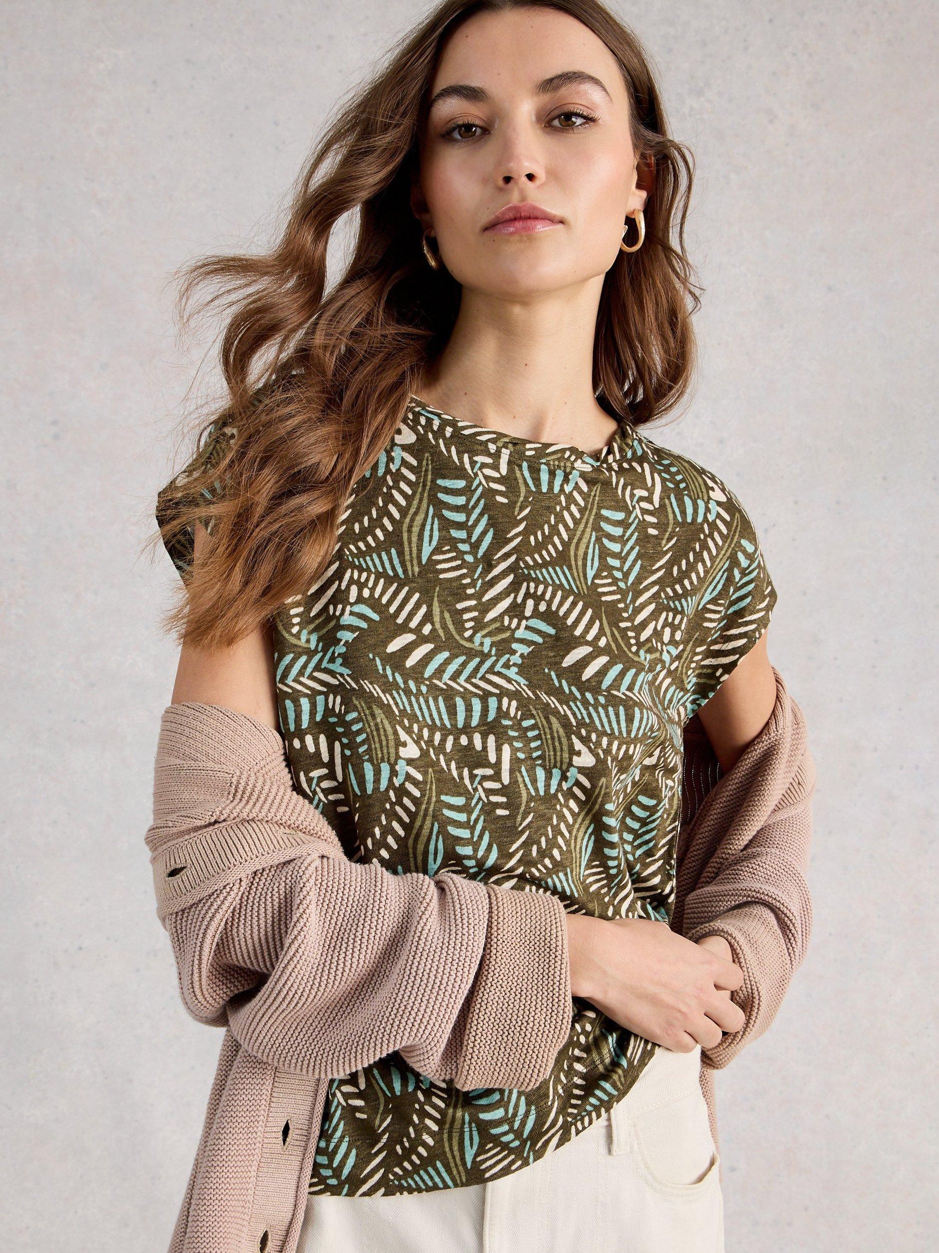 Product image 3 of 6, which shows White Stuff Rowan Leaves Pure Linen T-Shirt, Green/Multi, 6