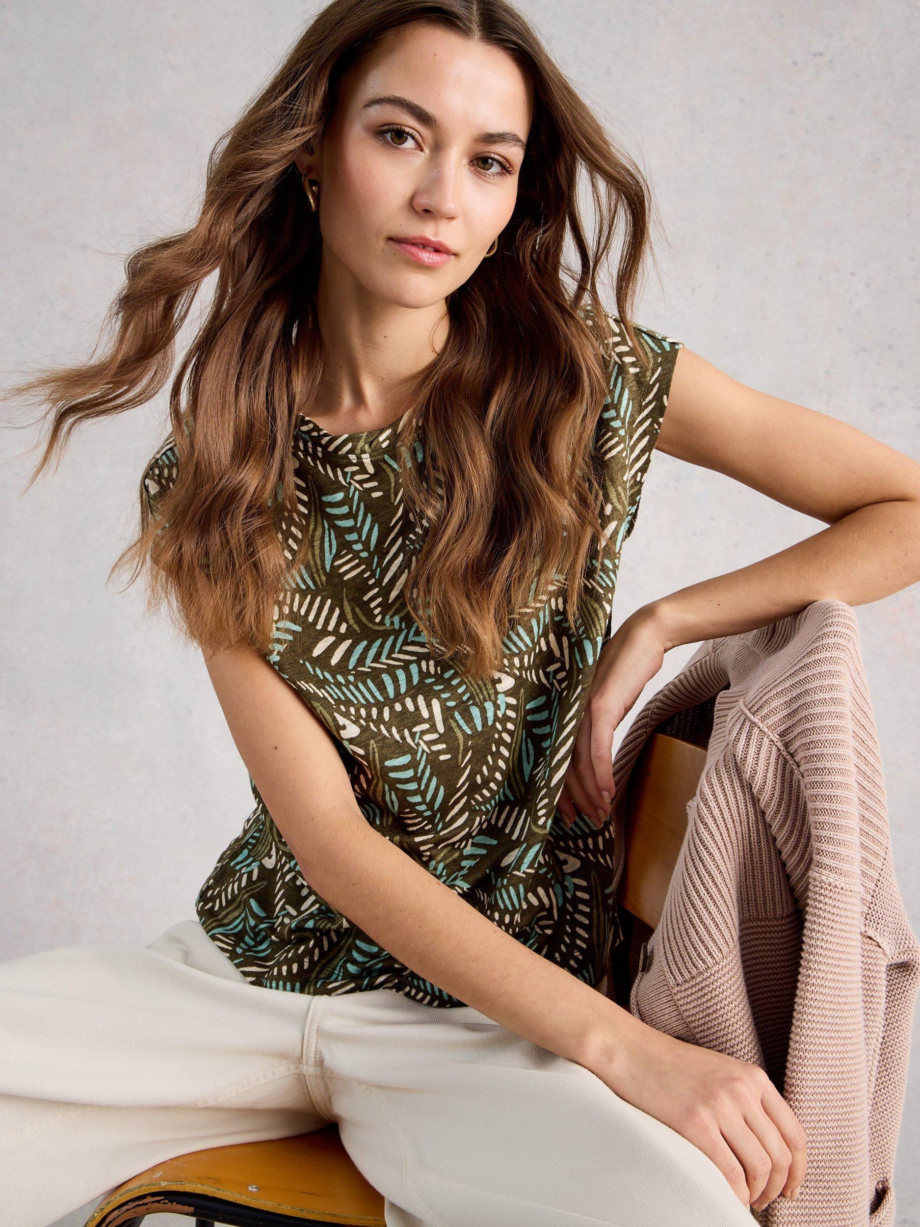 Product image 4 of 6, which shows White Stuff Rowan Leaves Pure Linen T-Shirt, Green/Multi, 6