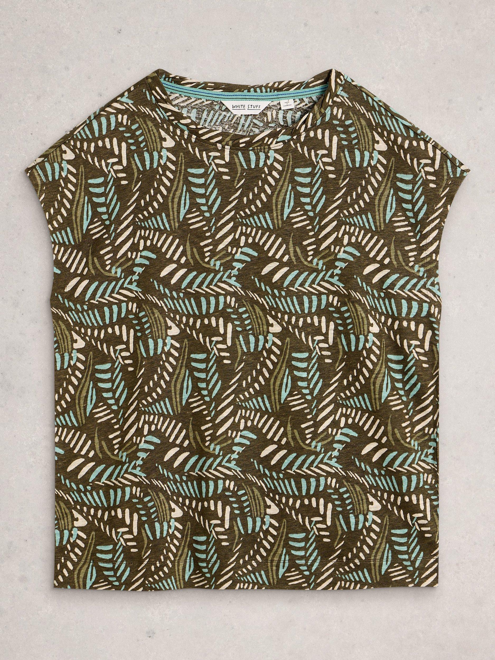 Product image 5 of 6, which shows White Stuff Rowan Leaves Pure Linen T-Shirt, Green/Multi, 6