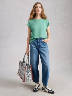 White Stuff Rowan Pure Linen T-Shirt, White, Mid Teal