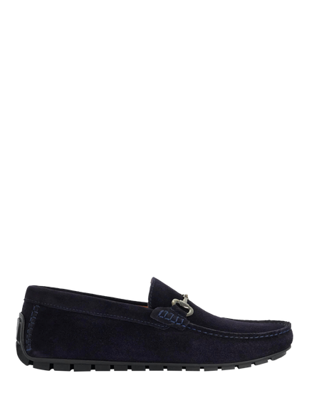 Dune London Brackon Wide Fit Suede Snaffle Trim Moccasin Loafers, Navy
