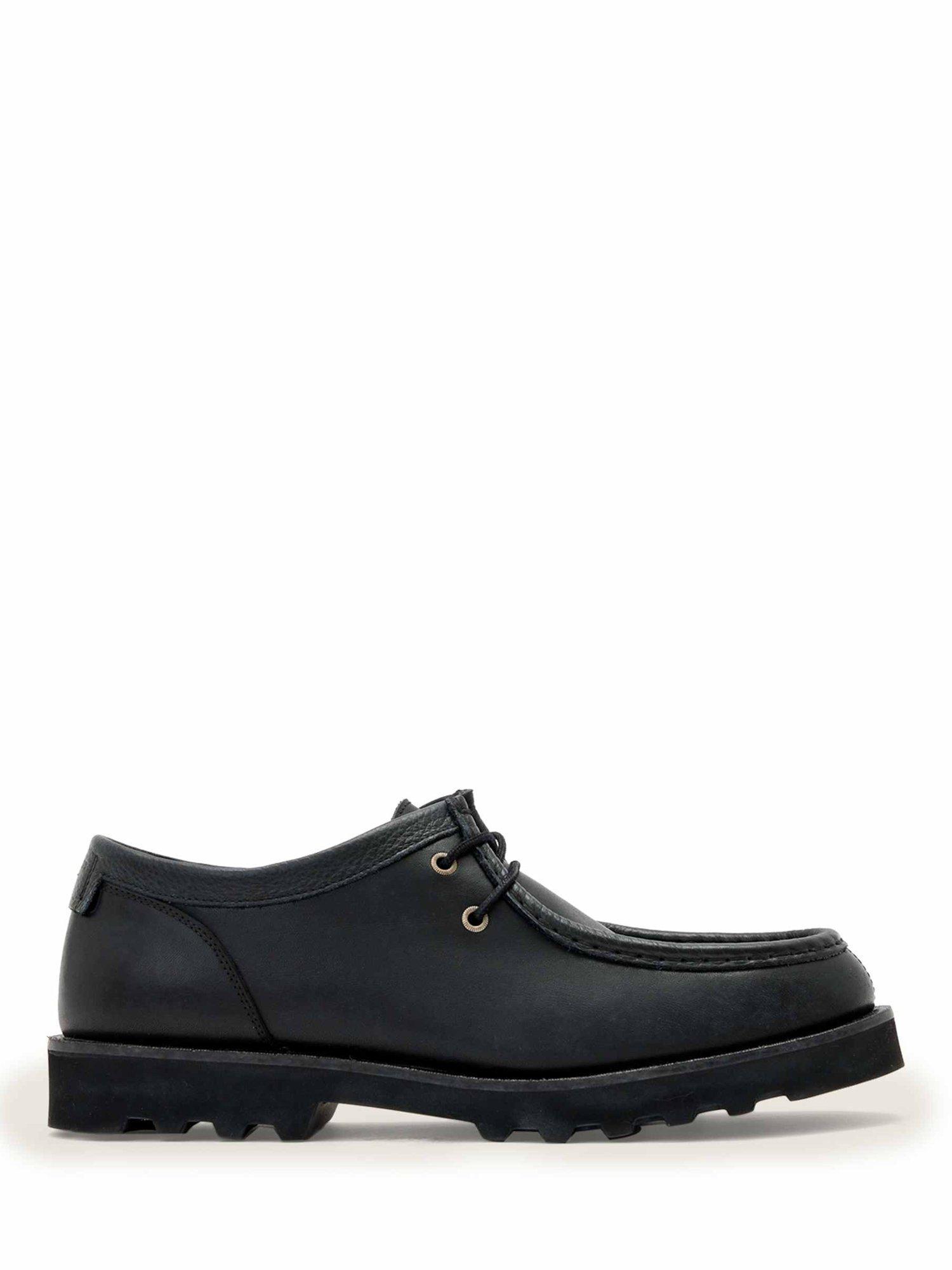 Product image 1 of 6, which shows AllSaints Skiff Apron Leather Moccasins, Black, EU44
